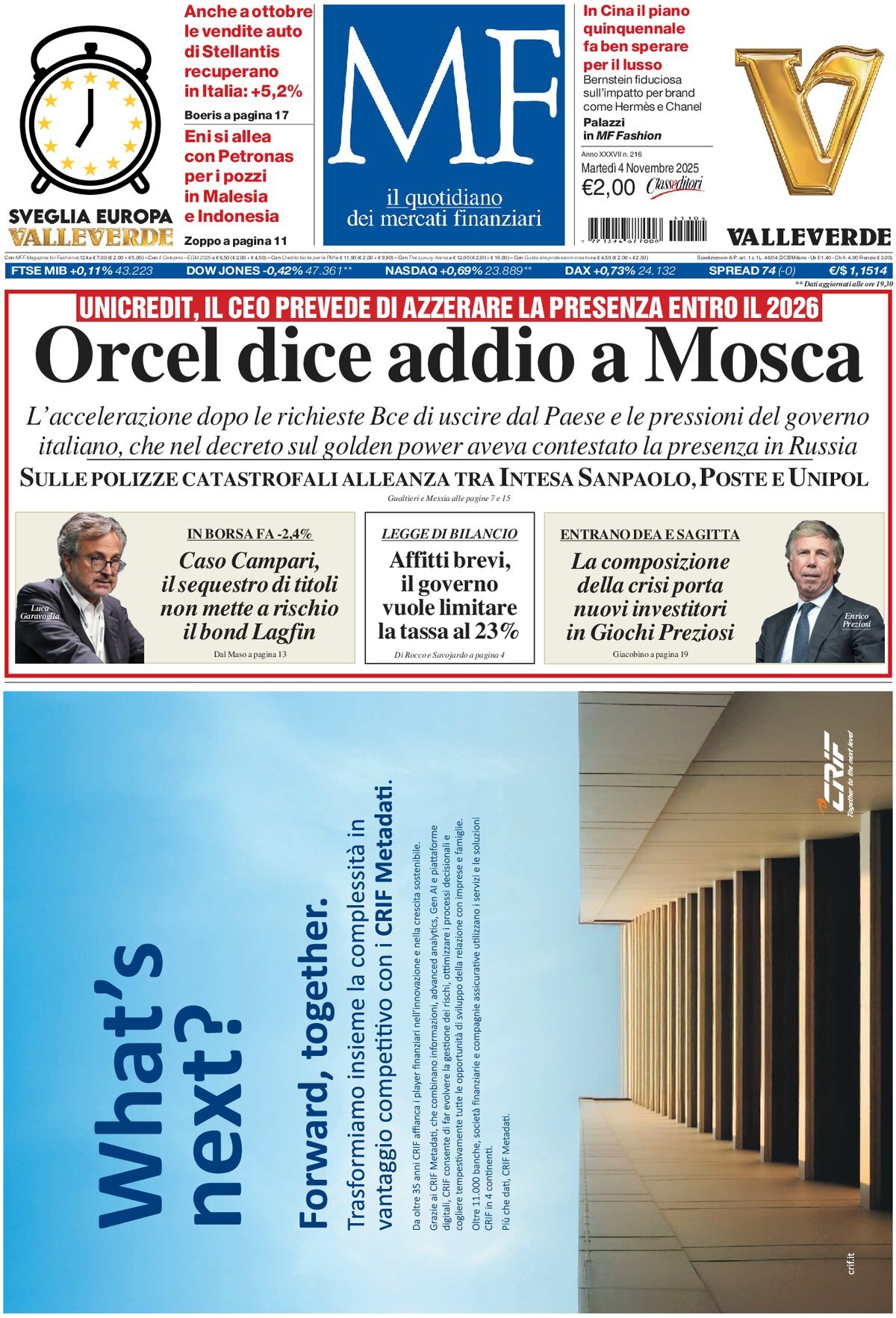 Prima Pagina MF Milano Finanza 04/11/2025