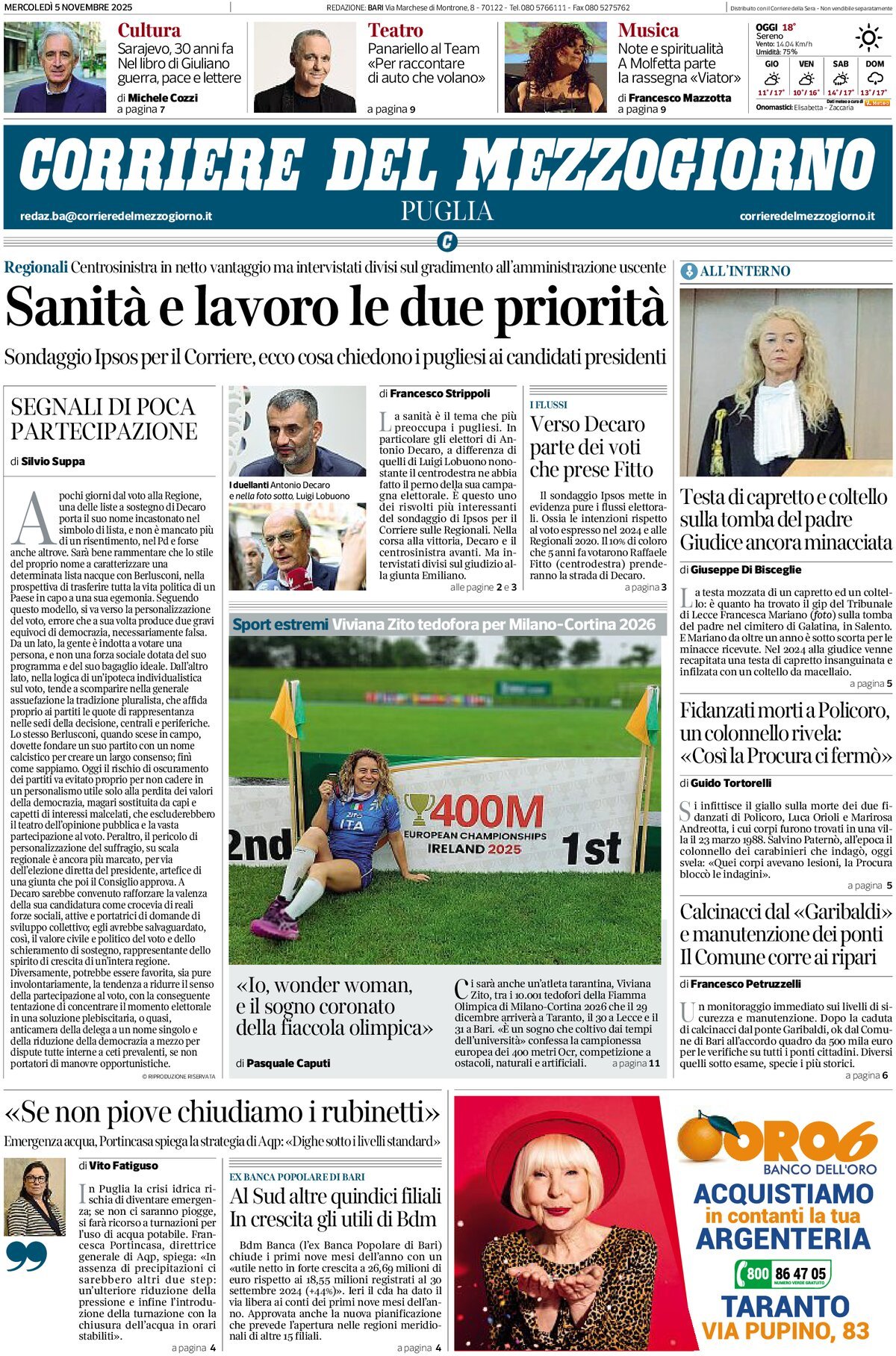 Prima Pagina Corriere del Mezzogiorno (Puglia) 05/11/2025