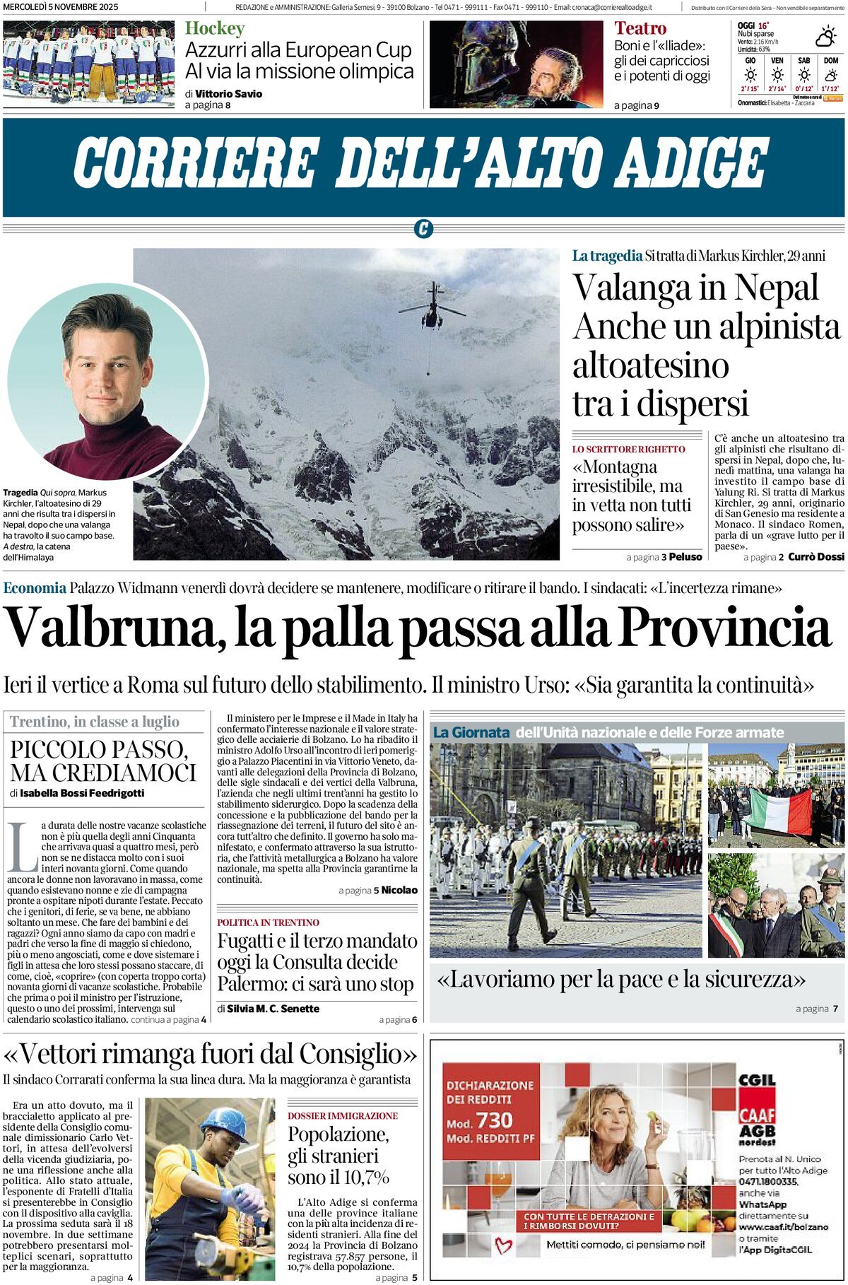 Prima Pagina Corriere dell'Alto Adige 05/11/2025