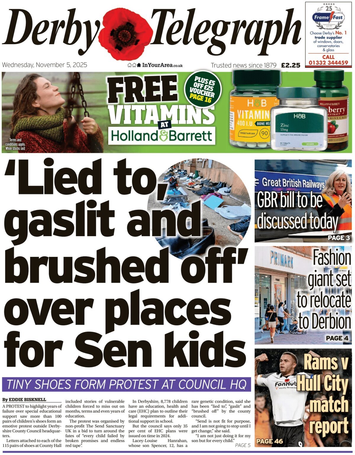 Prima Pagina Derby Telegraph 05/11/2025