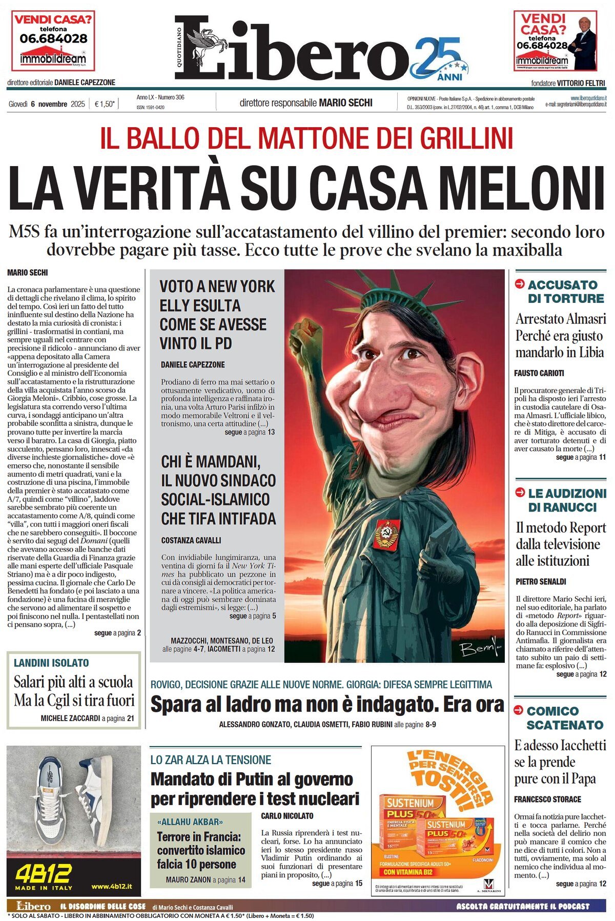 Prima Pagina Libero Quotidiano 06/11/2025