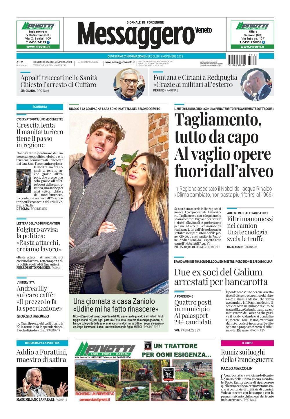 Prima Pagina Messaggero Veneto (Pordenone) 05/11/2025