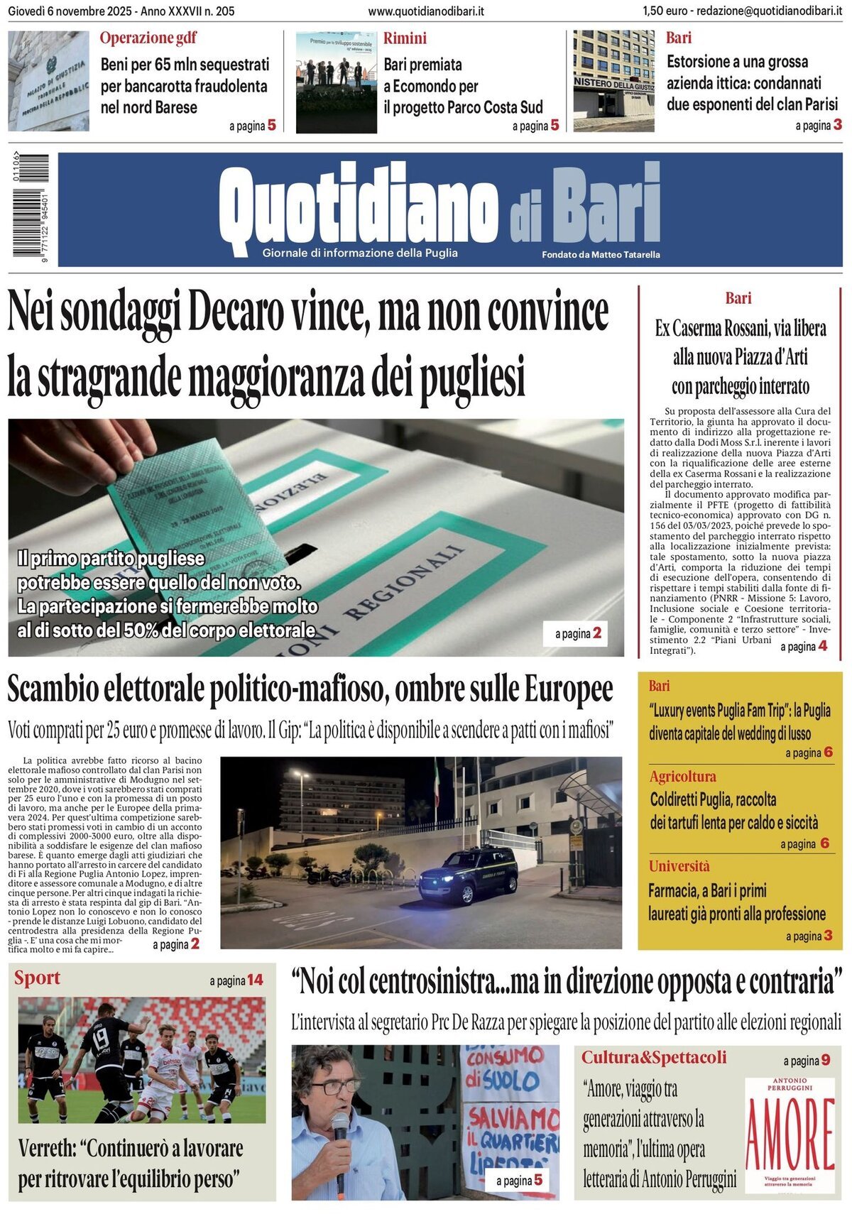 Prima Pagina Quotidiano di Bari 06/11/2025