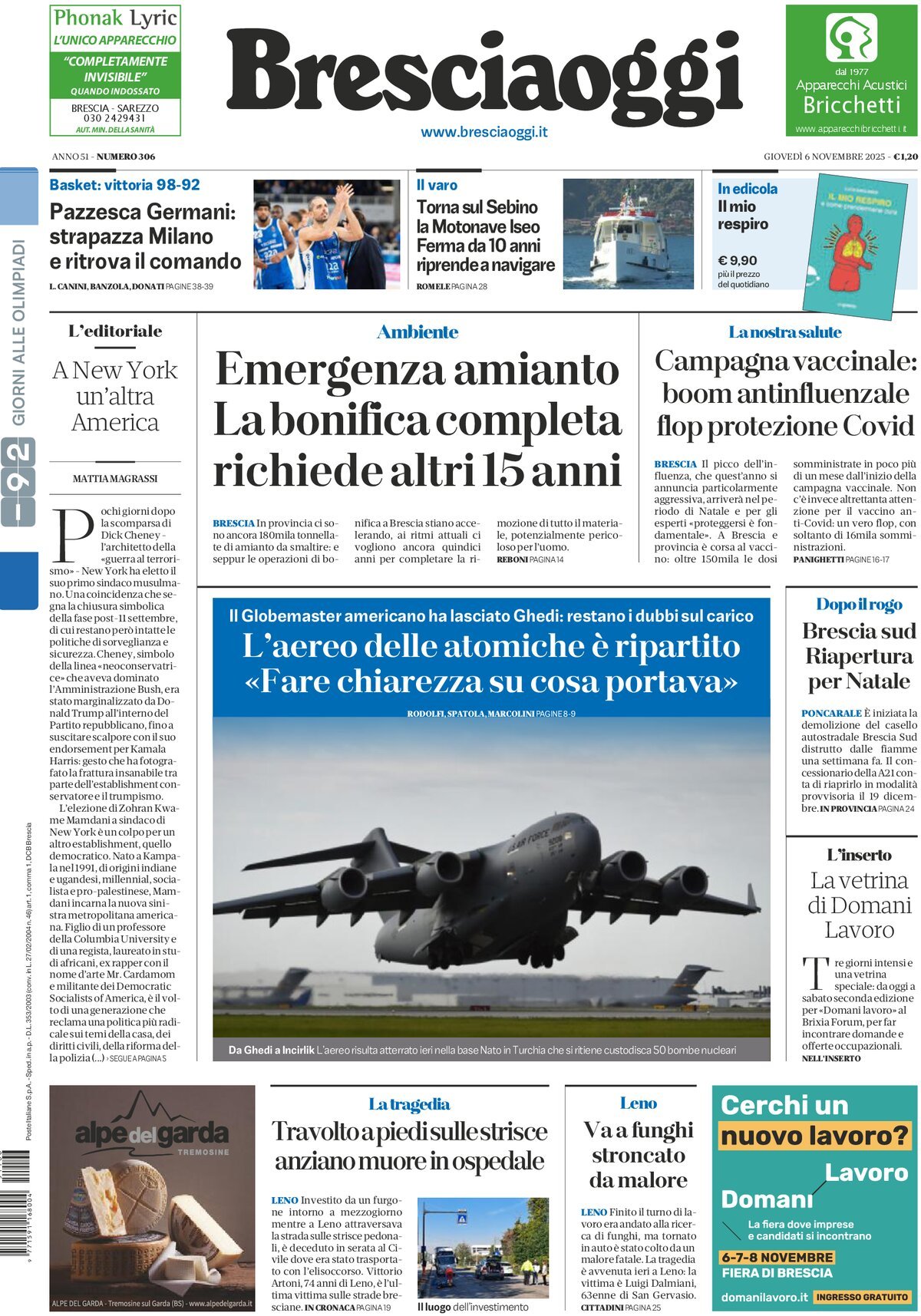 Prima Pagina Brescia Oggi 06/11/2025