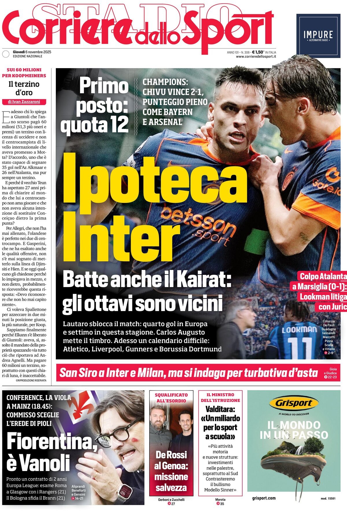Prima Pagina Corriere dello Sport 06/11/2025