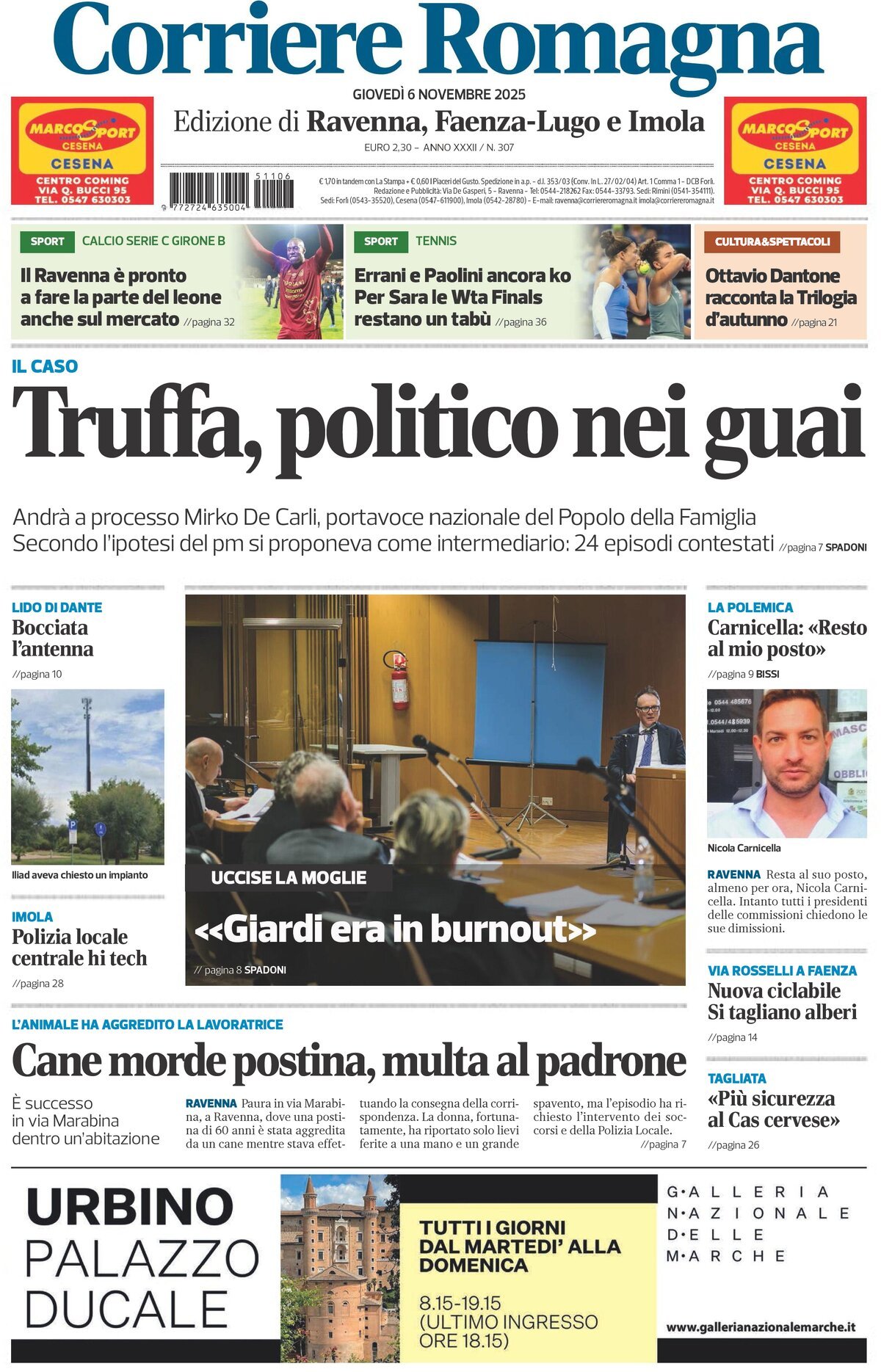 Prima Pagina Corriere Romagna (Ravenna e Imola) 06/11/2025