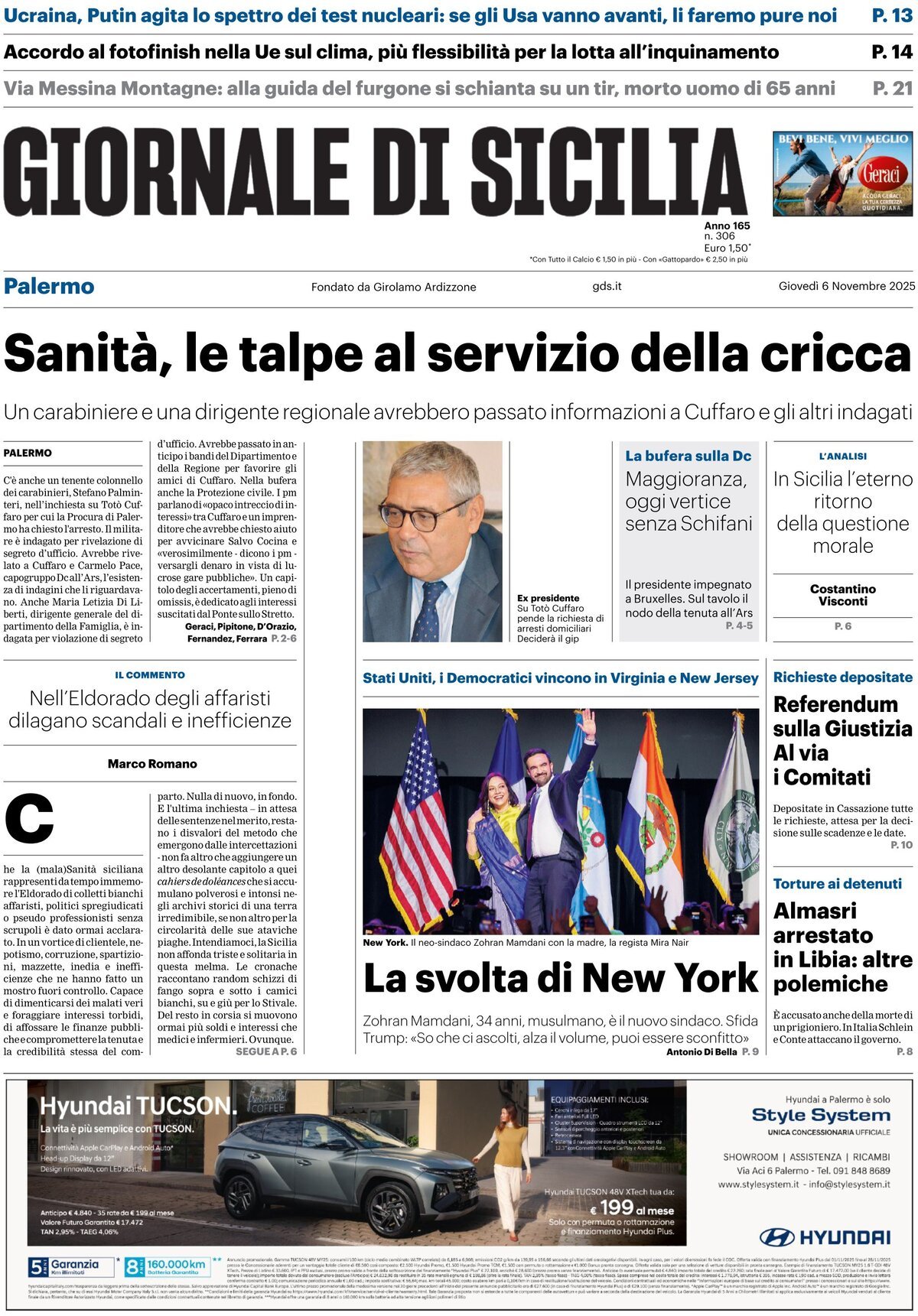 Prima Pagina Giornale di Sicilia (Palermo) 06/11/2025