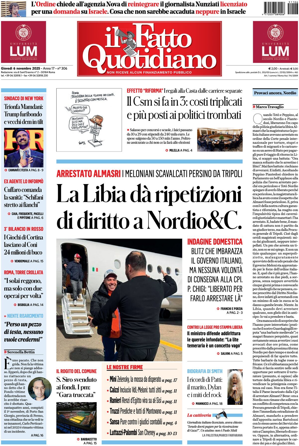 Prima Pagina Il Fatto Quotidiano 06/11/2025
