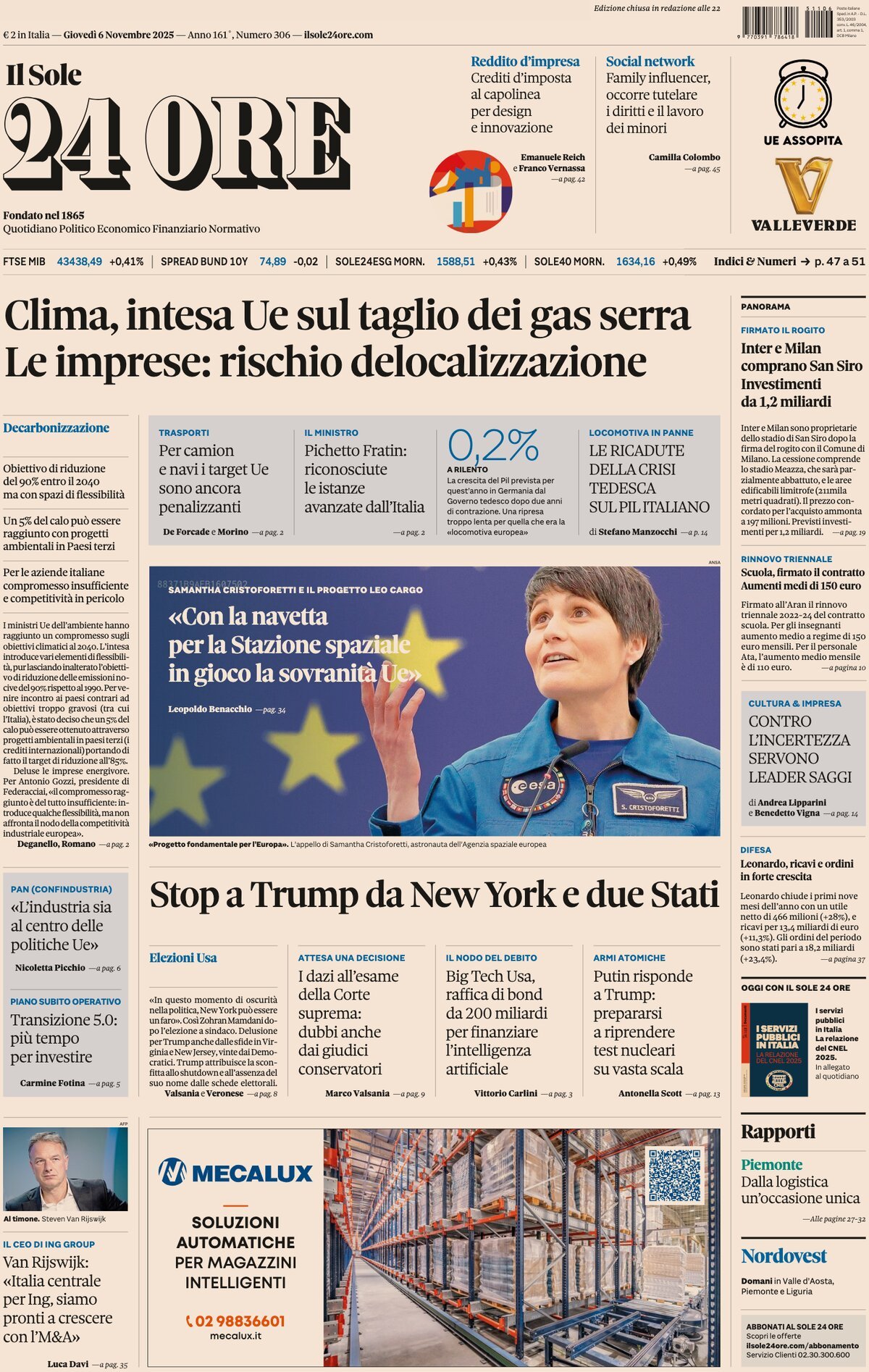 Prima Pagina Il Sole 24 Ore 06/11/2025