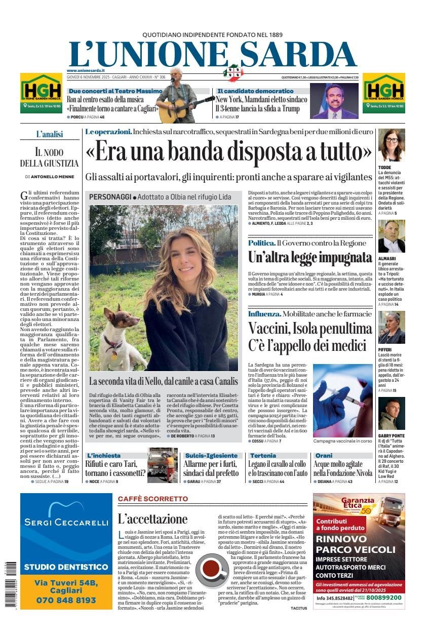 Prima Pagina L'Unione Sarda 06/11/2025