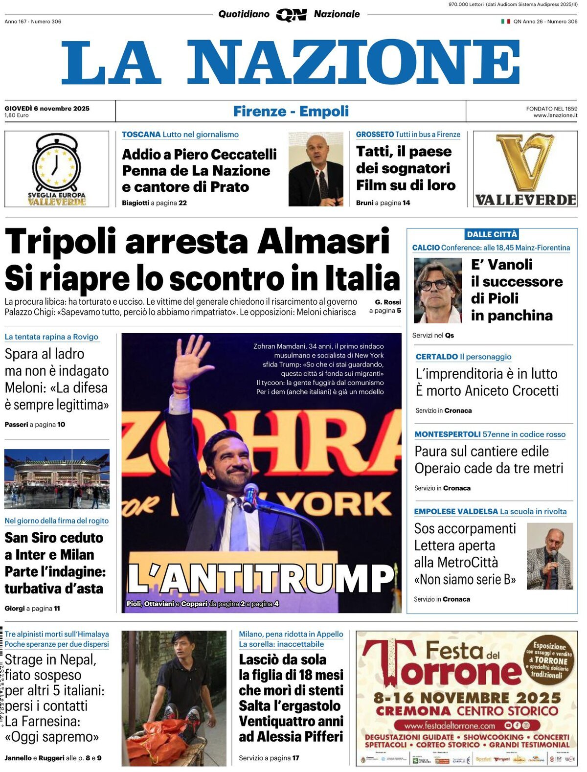 Prima Pagina La Nazione 06/11/2025