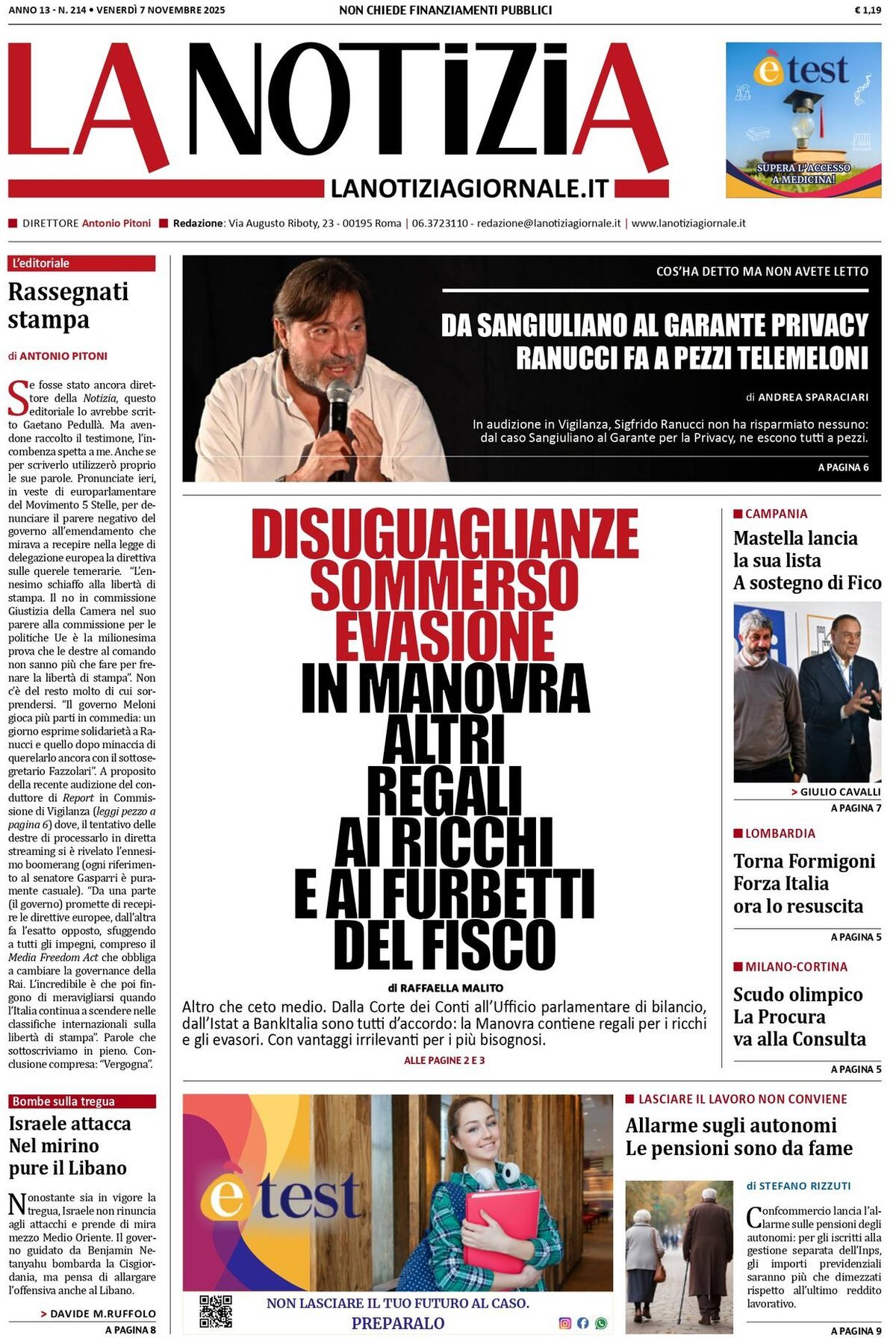 Prima Pagina La Notizia 07/11/2025