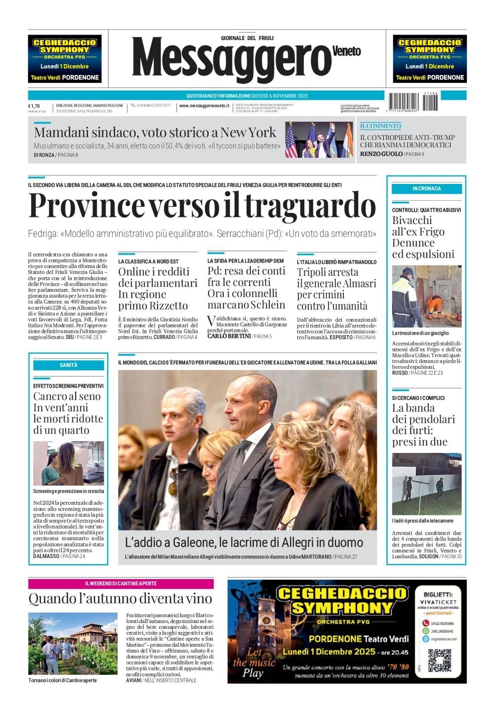 Prima Pagina Messaggero Veneto (Udine) 06/11/2025
