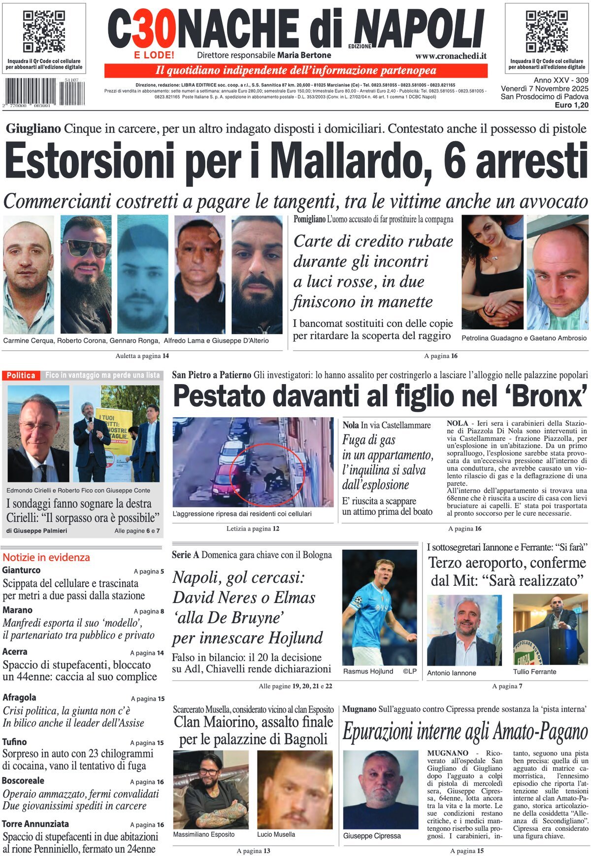 Prima Pagina Cronache di Napoli 07/11/2025