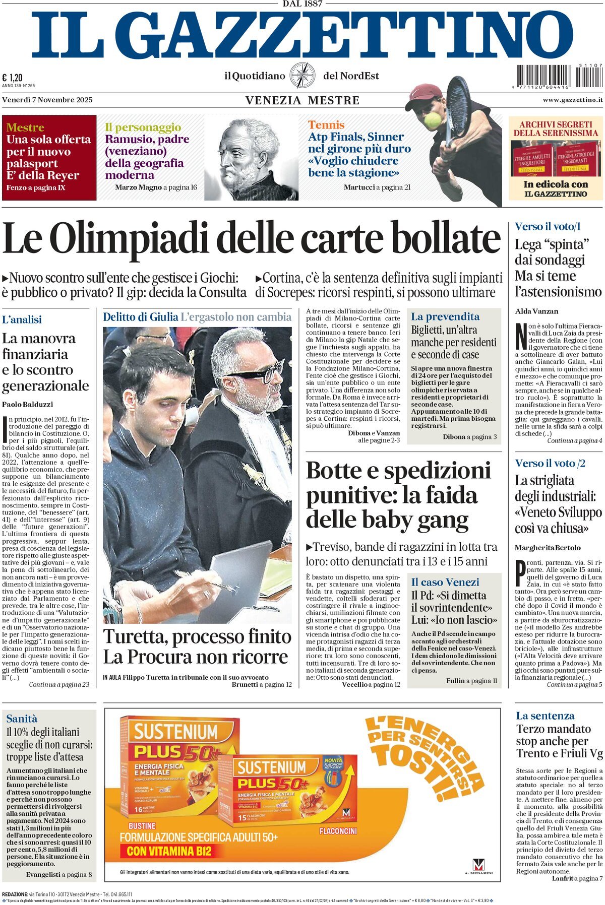 Prima Pagina Il Gazzettino 07/11/2025