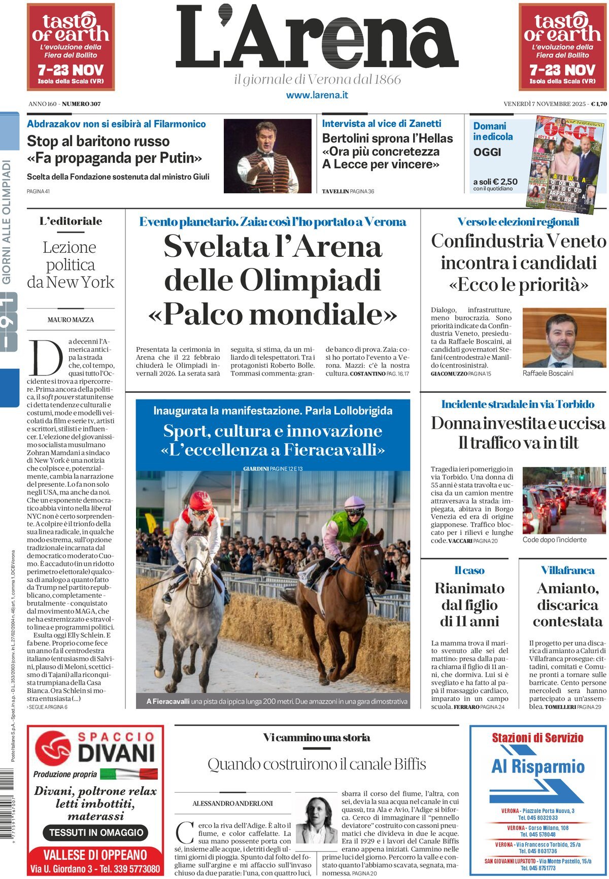 Prima Pagina L'Arena (Verona) 07/11/2025