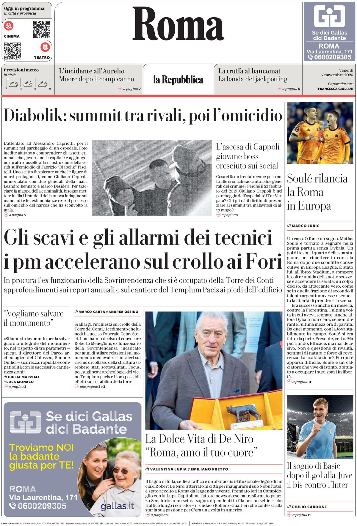 Prima Pagina La Repubblica (Roma) 07/11/2025