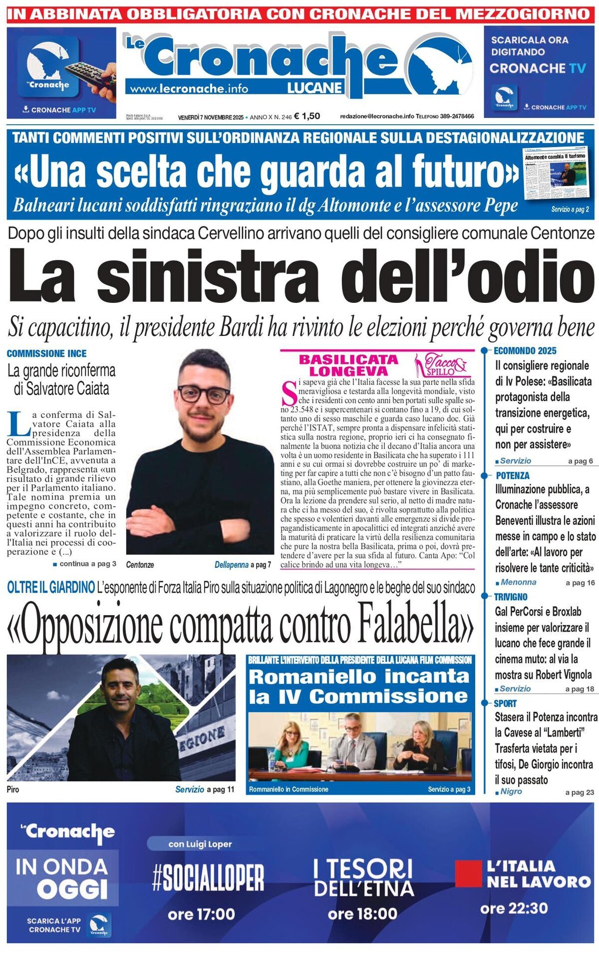 Prima Pagina Le Cronache Lucane 07/11/2025