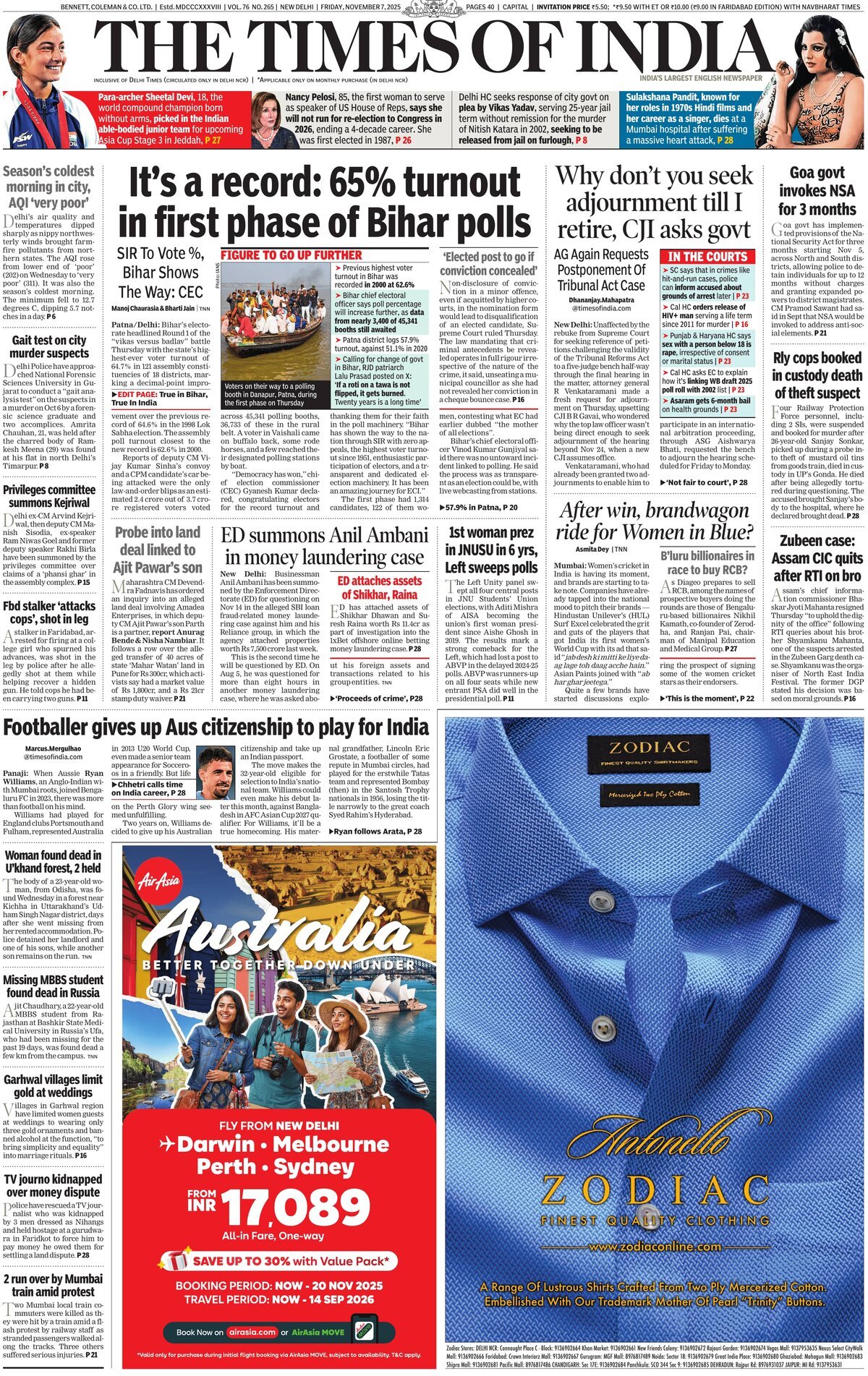 Prima Pagina The Times of India 07/11/2025