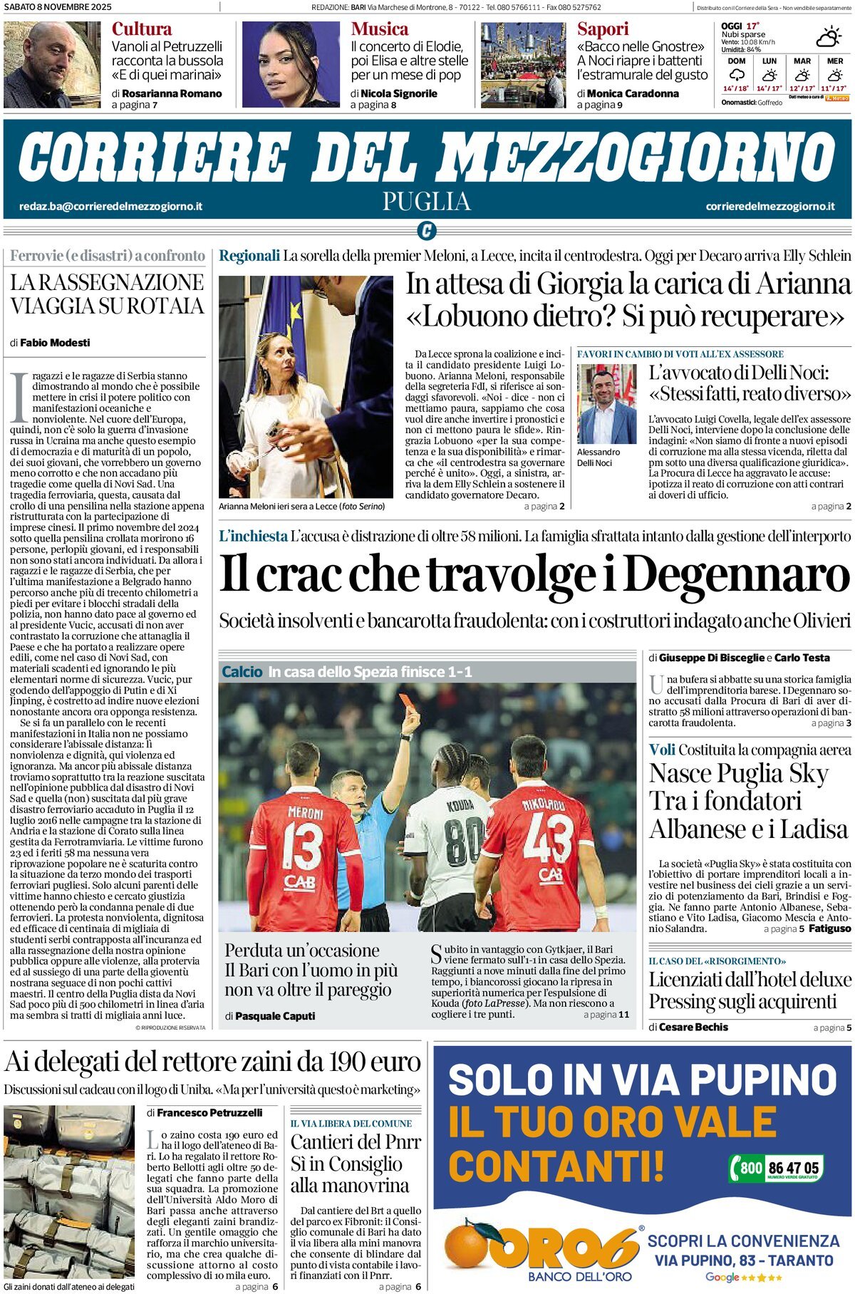 Prima Pagina Corriere del Mezzogiorno (Puglia) 08/11/2025