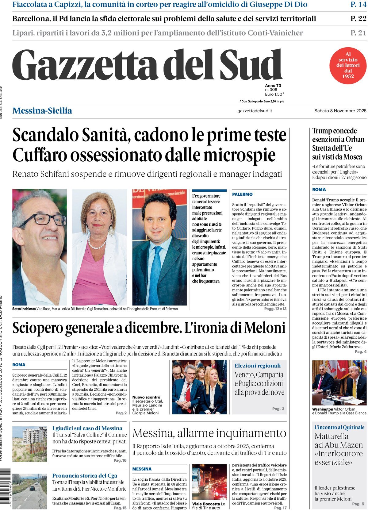 Prima Pagina Gazzetta del Sud (Messina) 08/11/2025