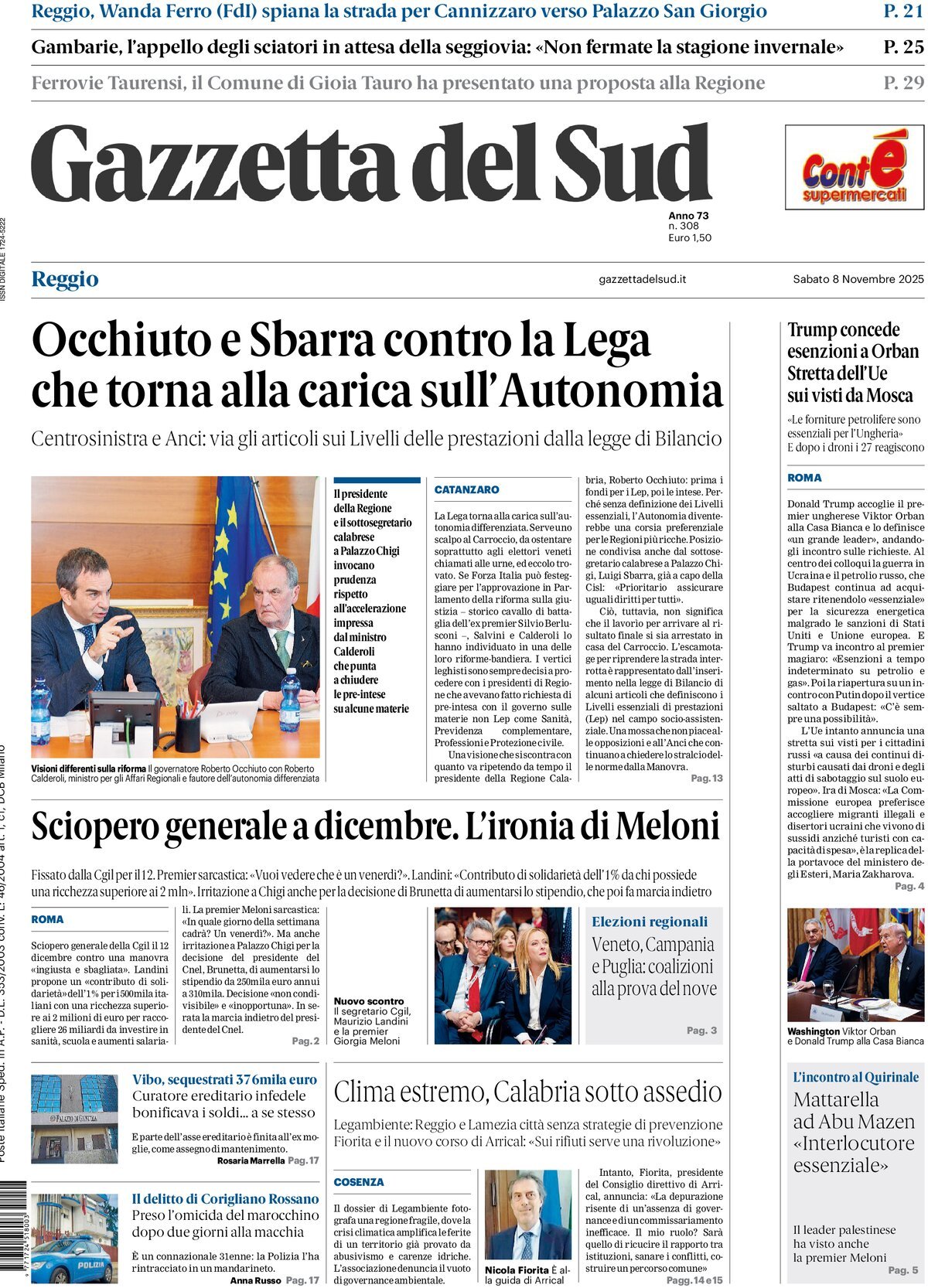 Prima Pagina Gazzetta del Sud (Reggio Calabria) 08/11/2025