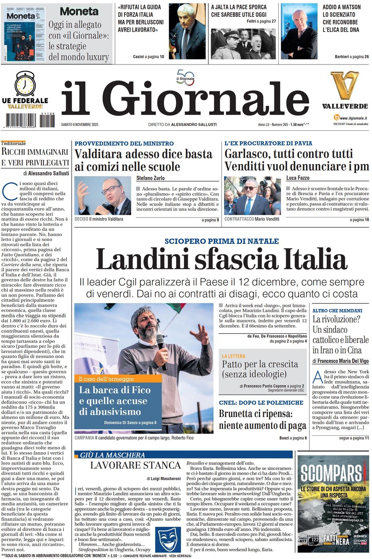 Prima Pagina Il Giornale 08/11/2025