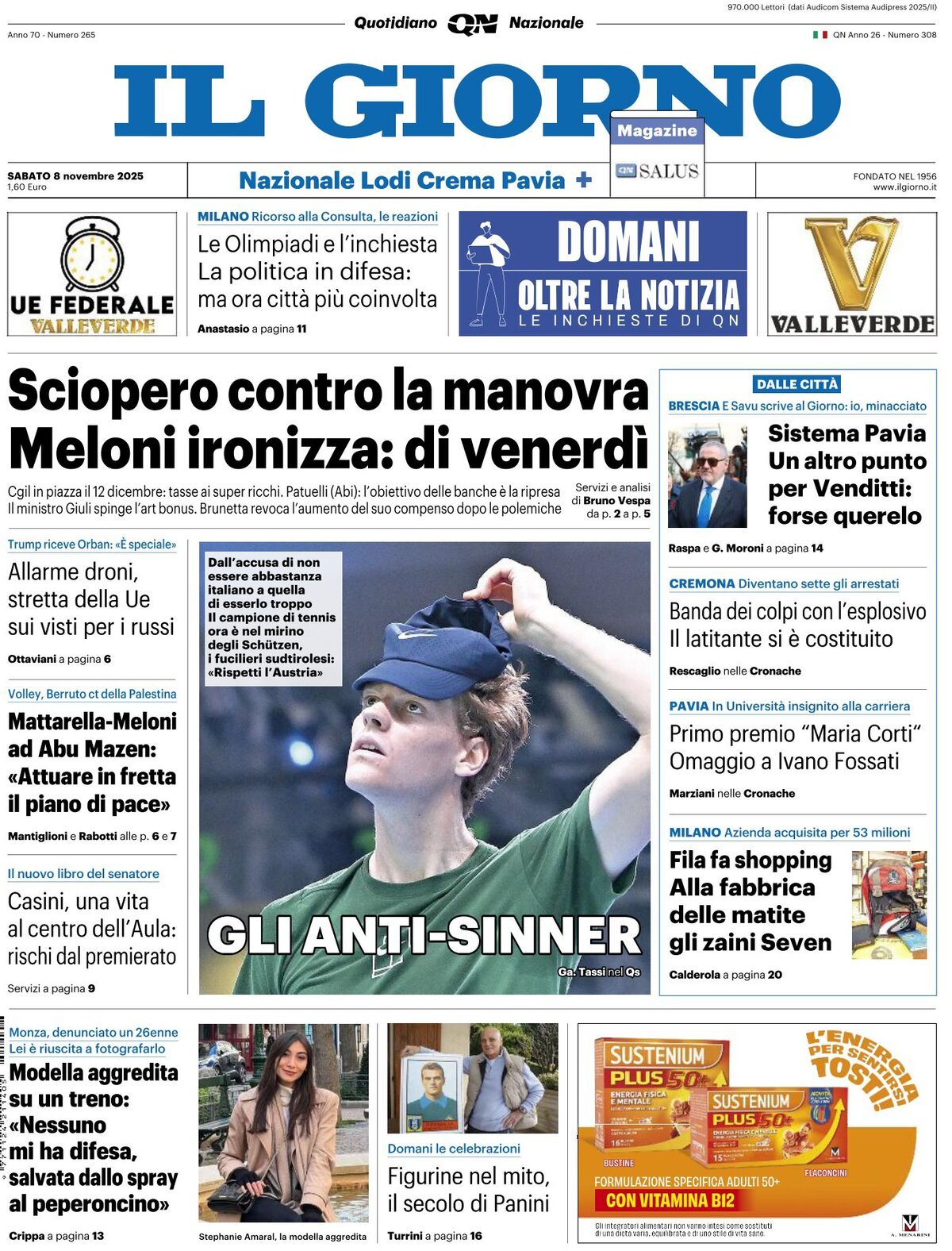 Prima Pagina Il Giorno 08/11/2025
