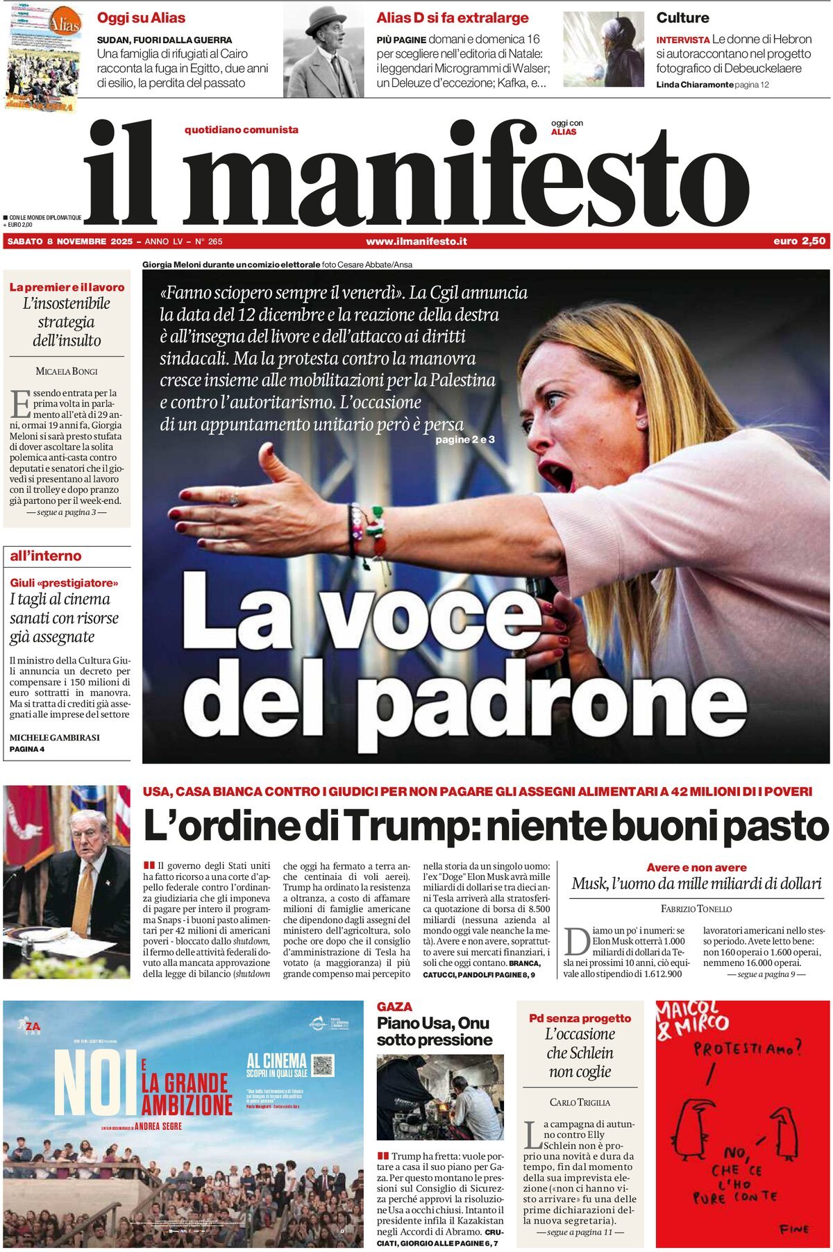 Prima Pagina Il Manifesto 08/11/2025