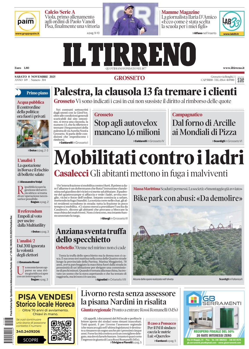 Prima Pagina Il Tirreno (Grosseto) 08/11/2025