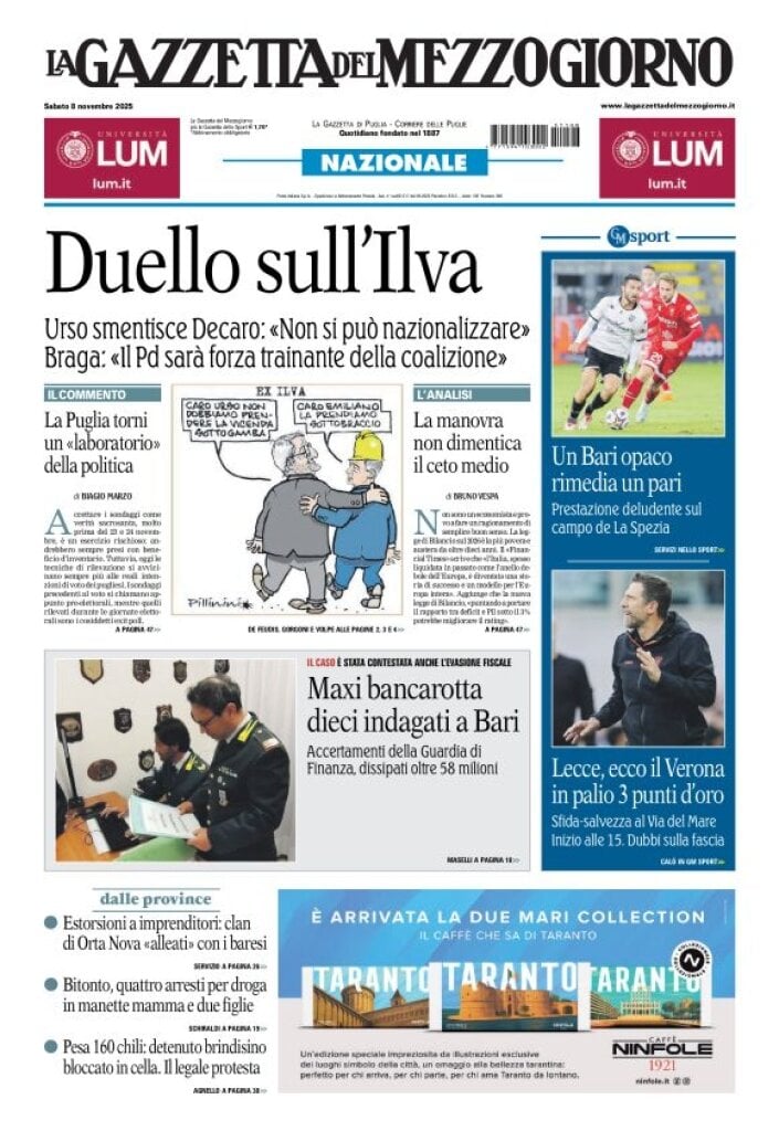 Prima Pagina La Gazzetta del Mezzogiorno (Bari) 08/11/2025