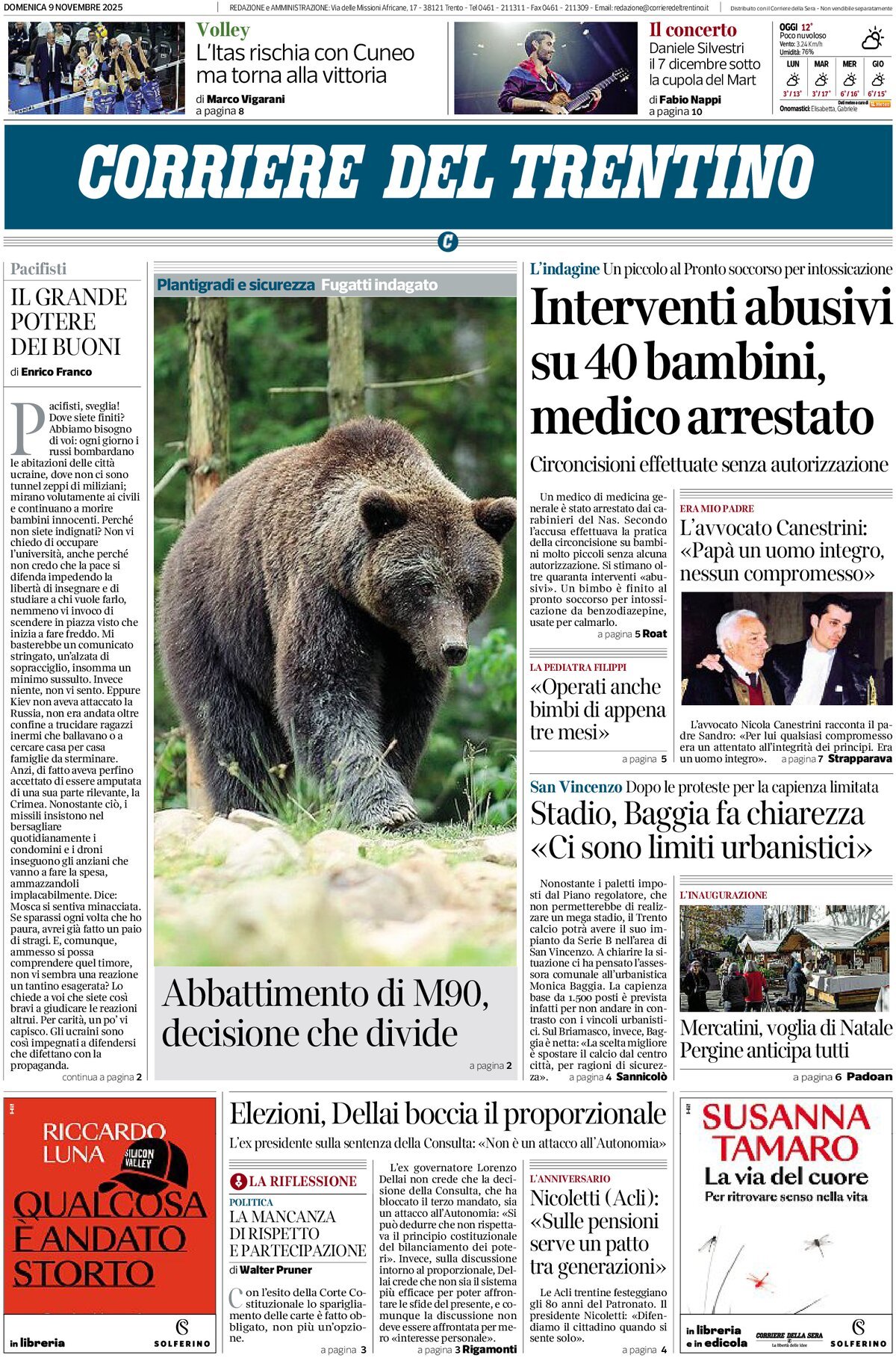 Prima Pagina Corriere del Trentino 09/11/2025