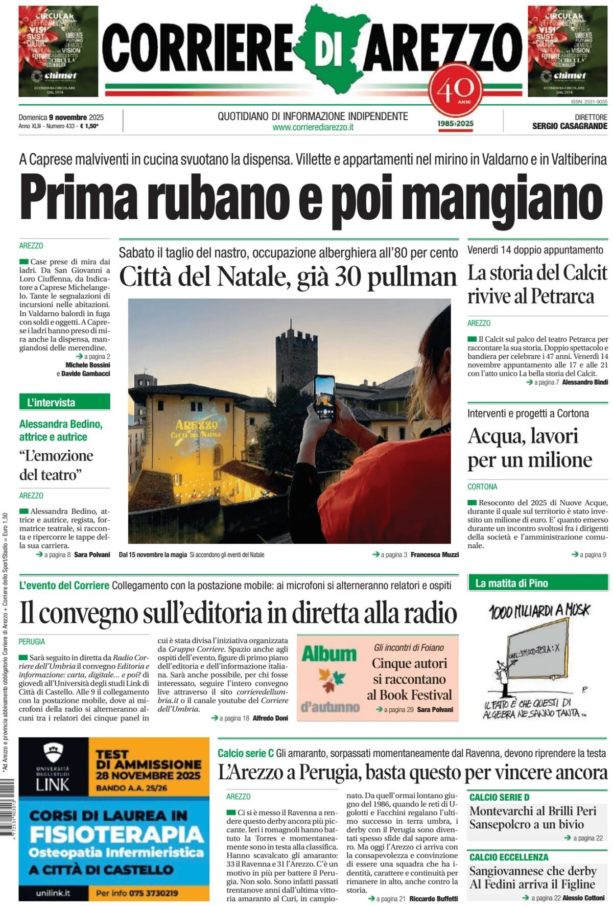 Prima Pagina Corriere di Arezzo 09/11/2025