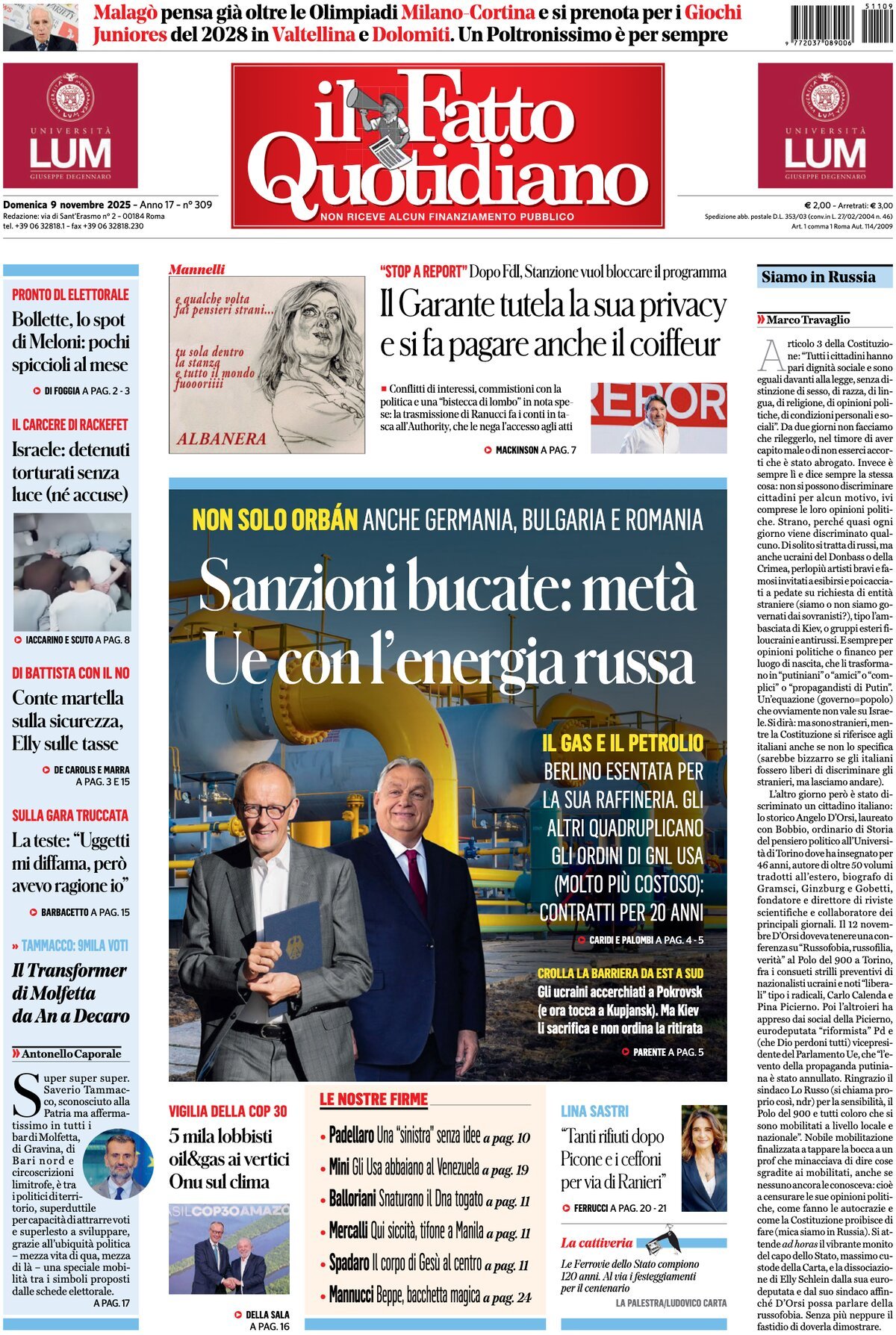 Prima Pagina Il Fatto Quotidiano 09/11/2025