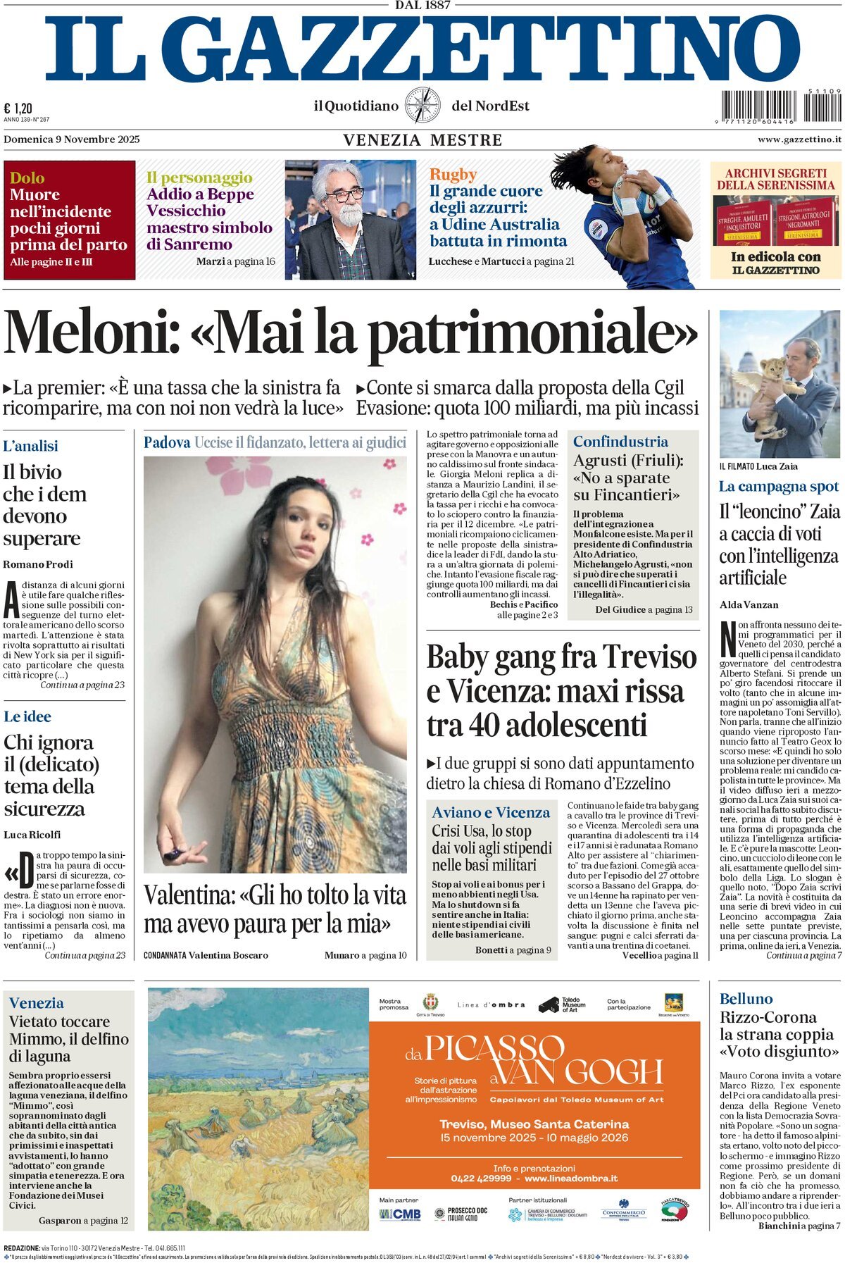 Prima Pagina Il Gazzettino 09/11/2025
