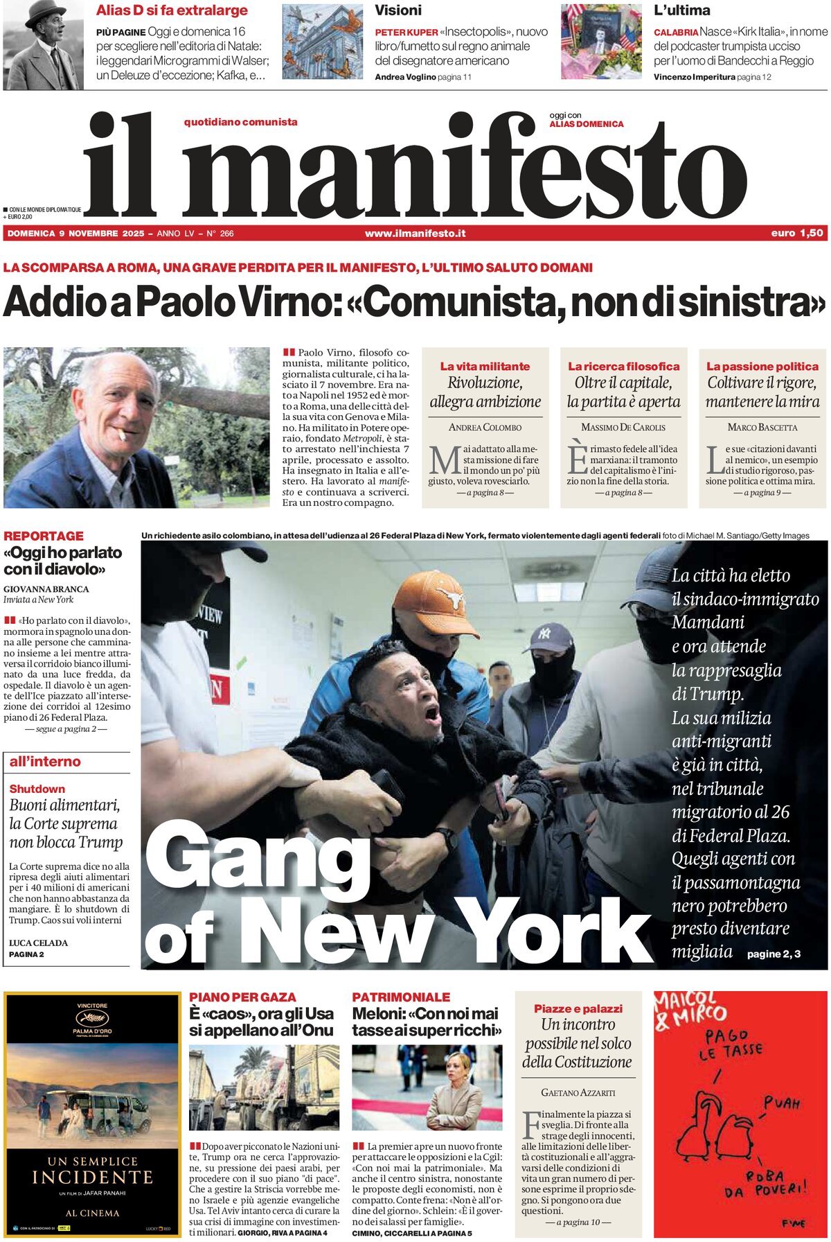 Prima Pagina Il Manifesto 09/11/2025