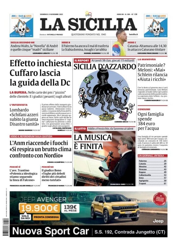 Prima Pagina La Sicilia 09/11/2025