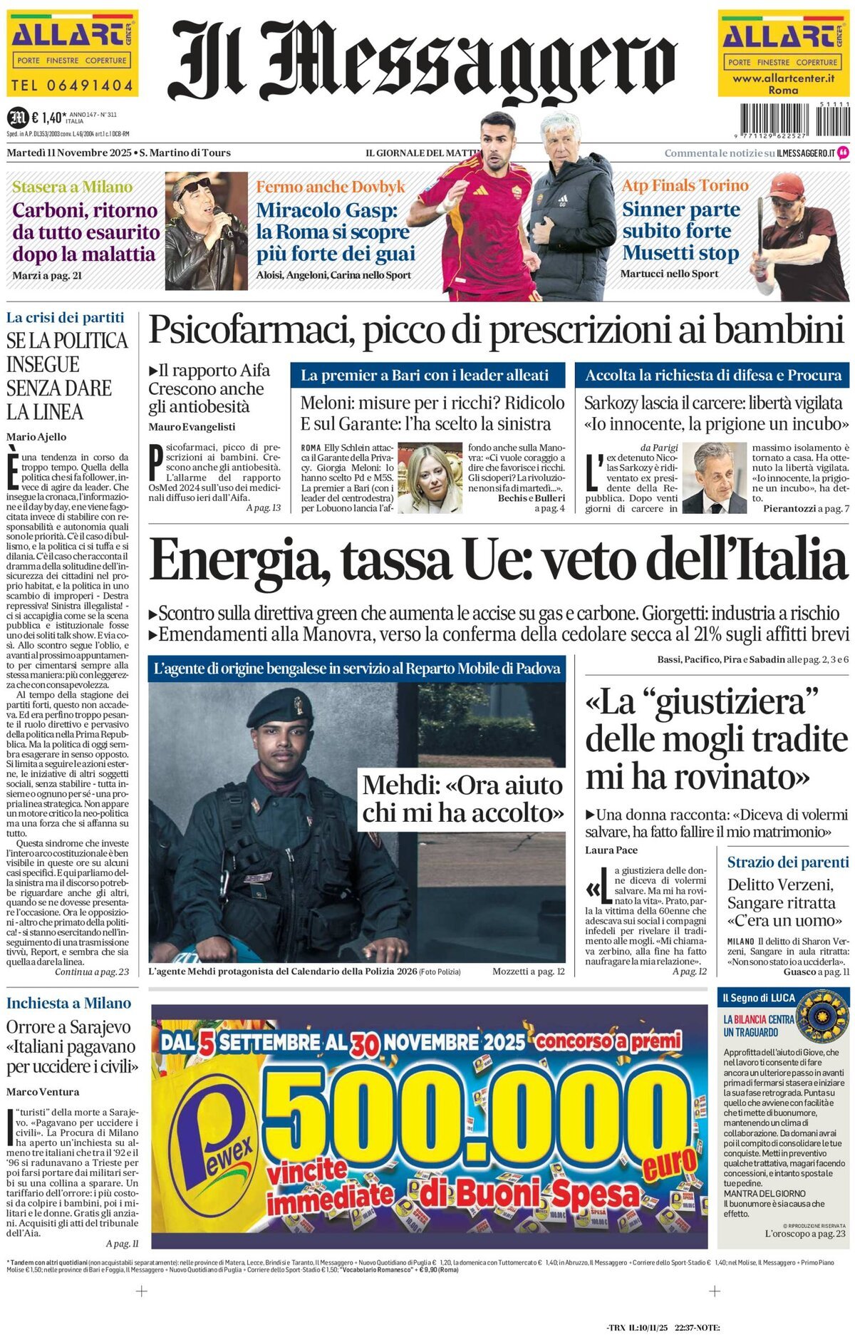 Prima Pagina Il Messaggero 11/11/2025