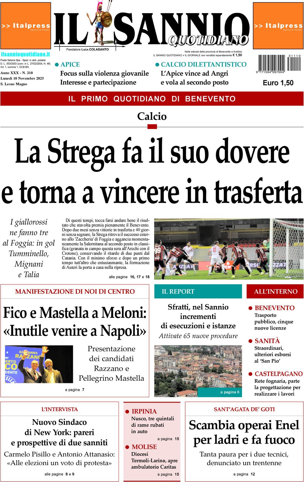 Prima Pagina Il Sannio Quotidiano 10/11/2025