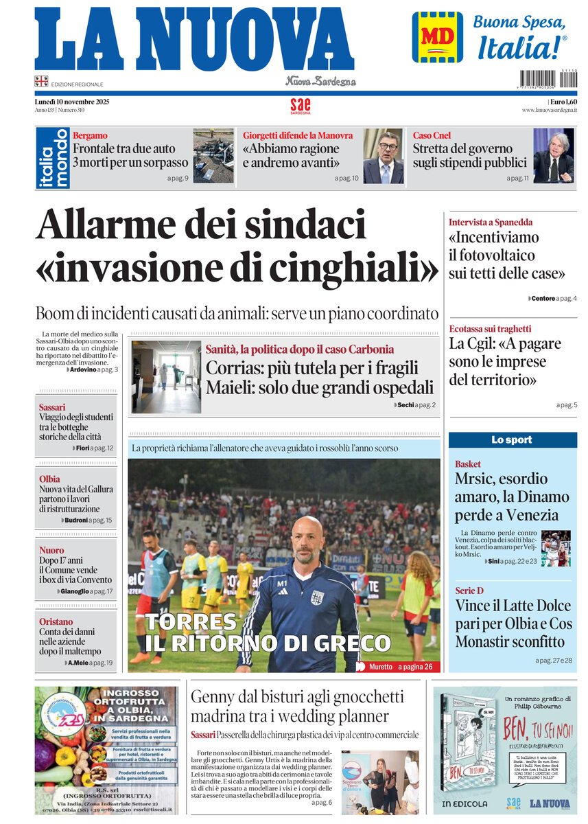 Prima Pagina La Nuova Sardegna 10/11/2025