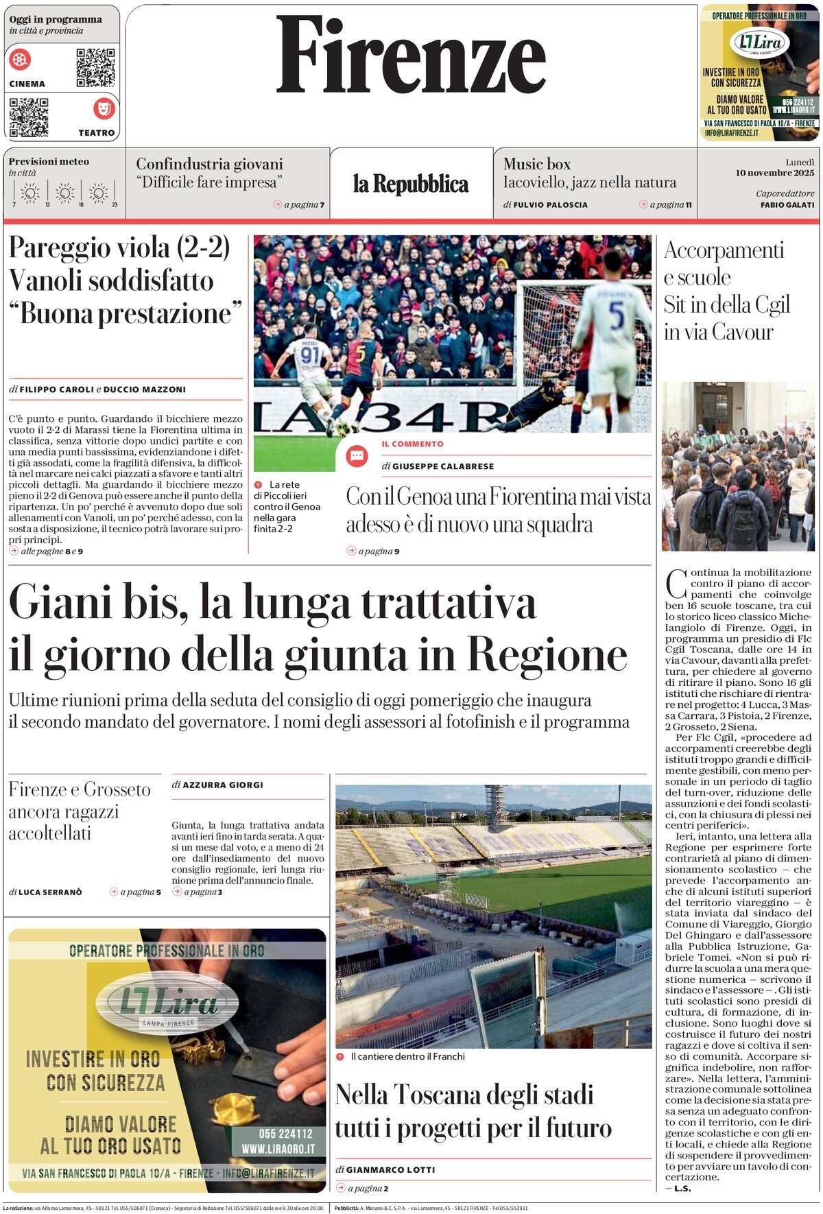 Prima Pagina La Repubblica (Firenze) 10/11/2025