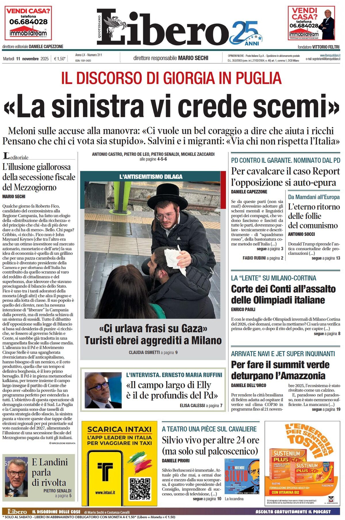 Prima Pagina Libero Quotidiano 11/11/2025