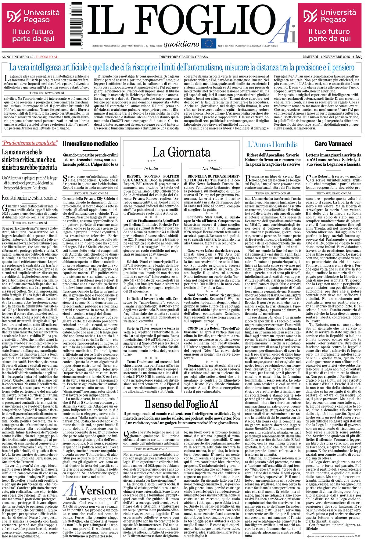 Prima Pagina Il Foglio AI 11/11/2025