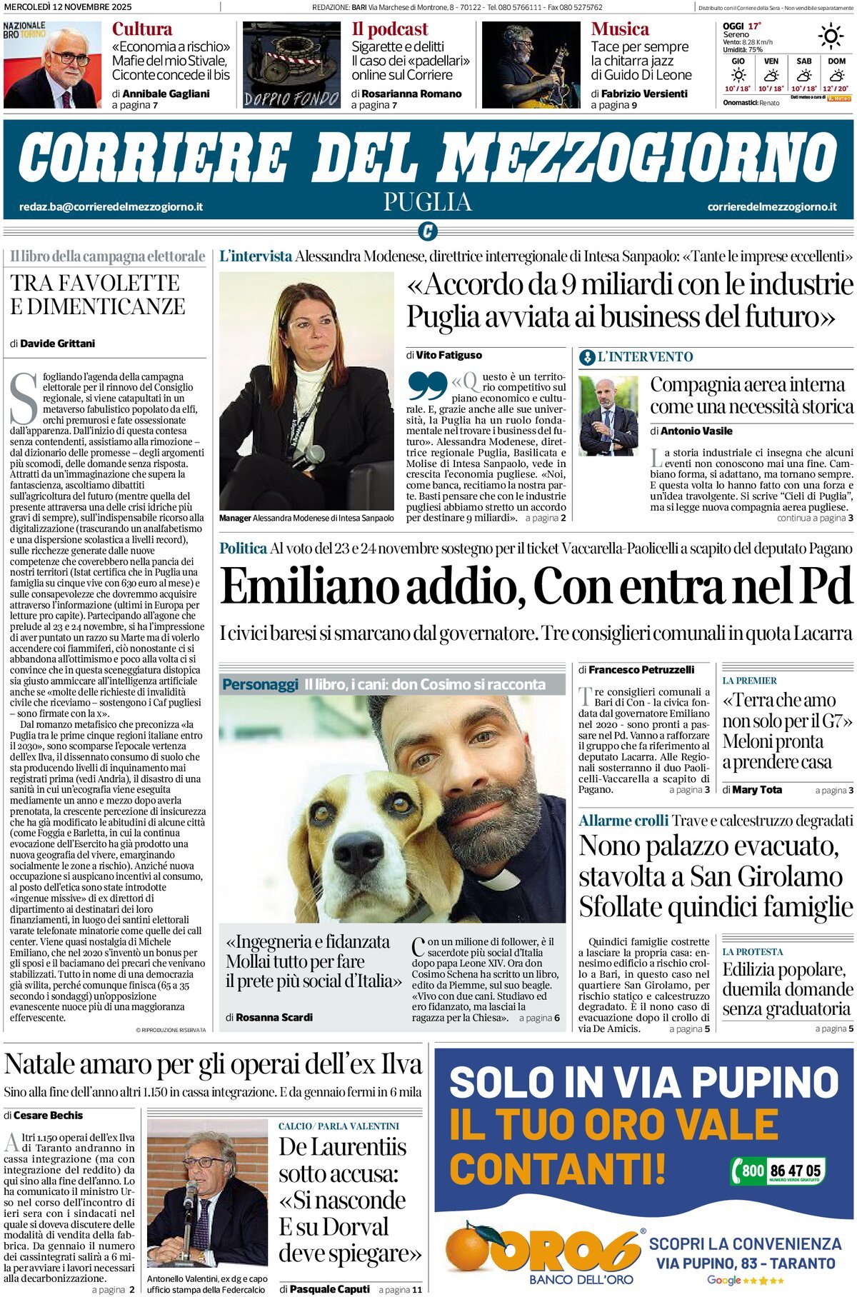 Prima Pagina Corriere del Mezzogiorno (Puglia) 12/11/2025
