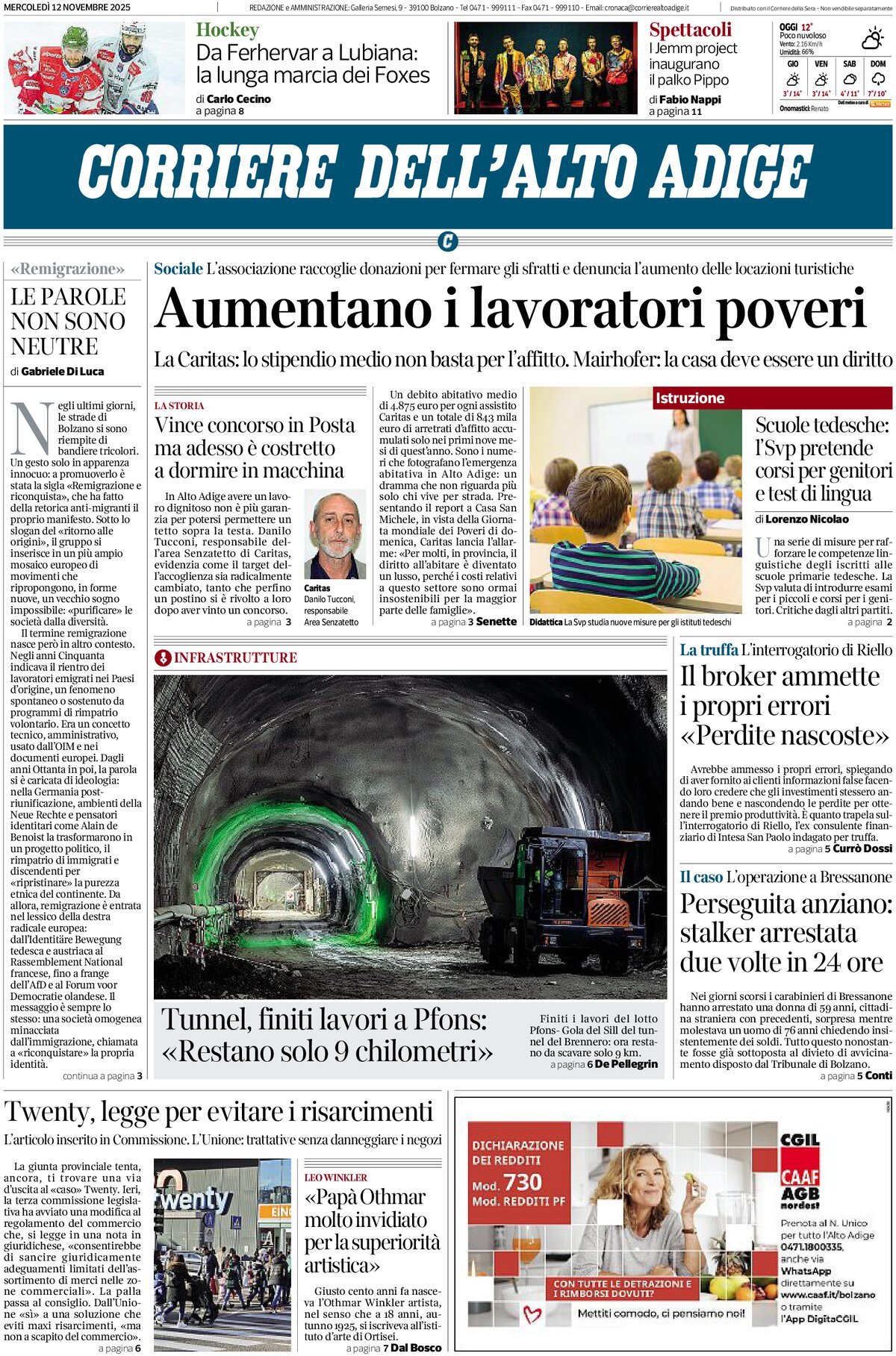 Prima Pagina Corriere dell'Alto Adige 12/11/2025
