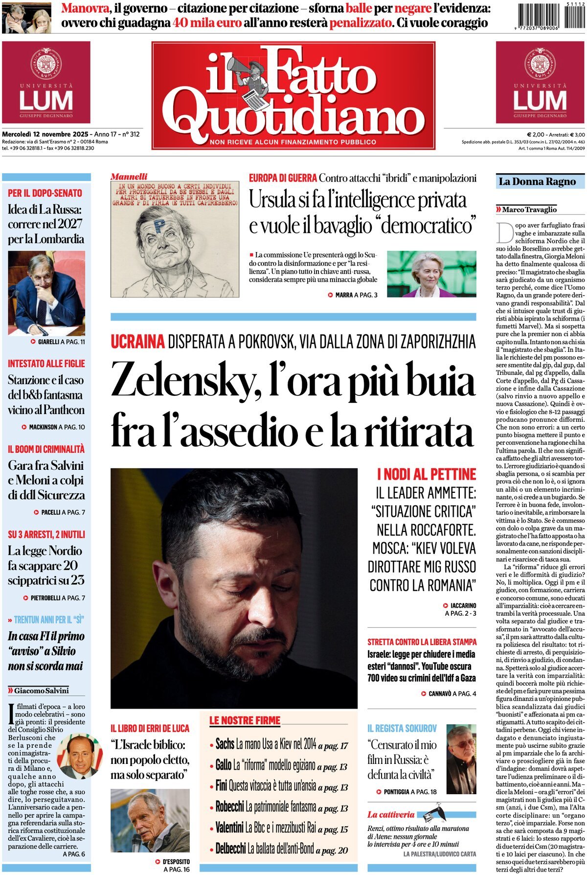 Prima Pagina Il Fatto Quotidiano 12/11/2025