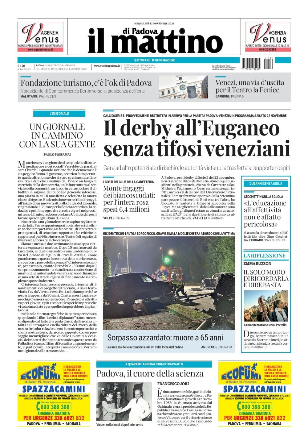 Prima Pagina Il Mattino di Padova 12/11/2025