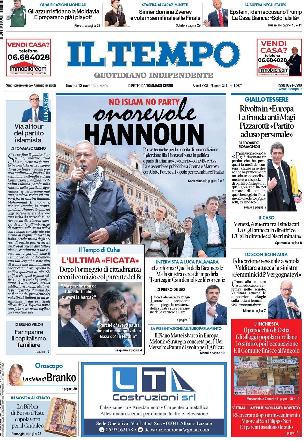 Prima Pagina Il Tempo 13/11/2025