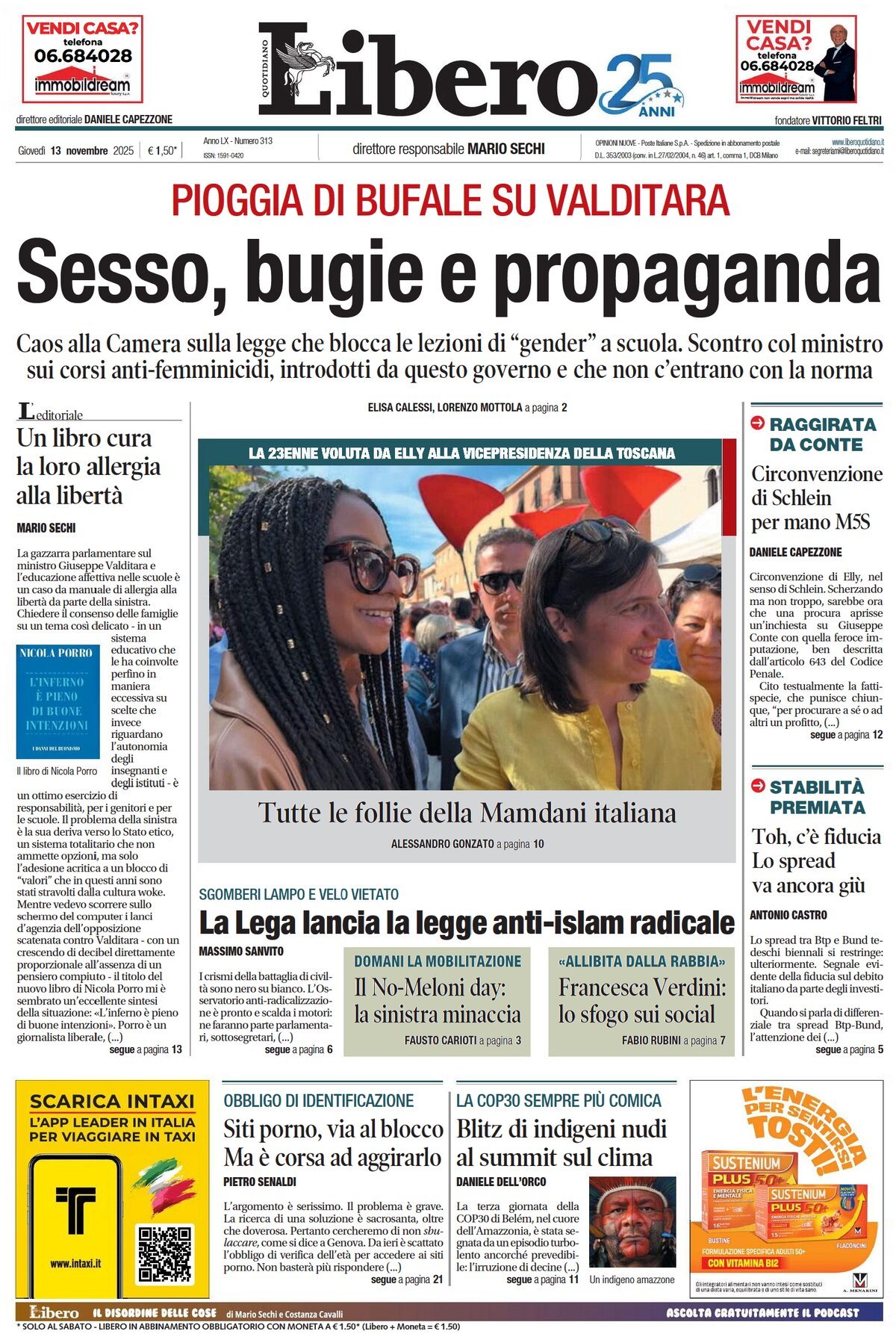 Prima Pagina Libero Quotidiano 13/11/2025