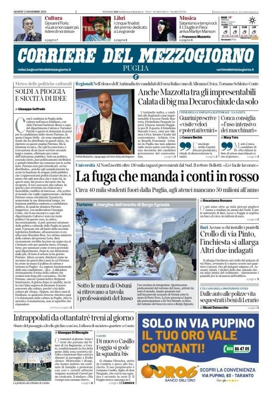 Prima Pagina Corriere del Mezzogiorno (Puglia) 13/11/2025
